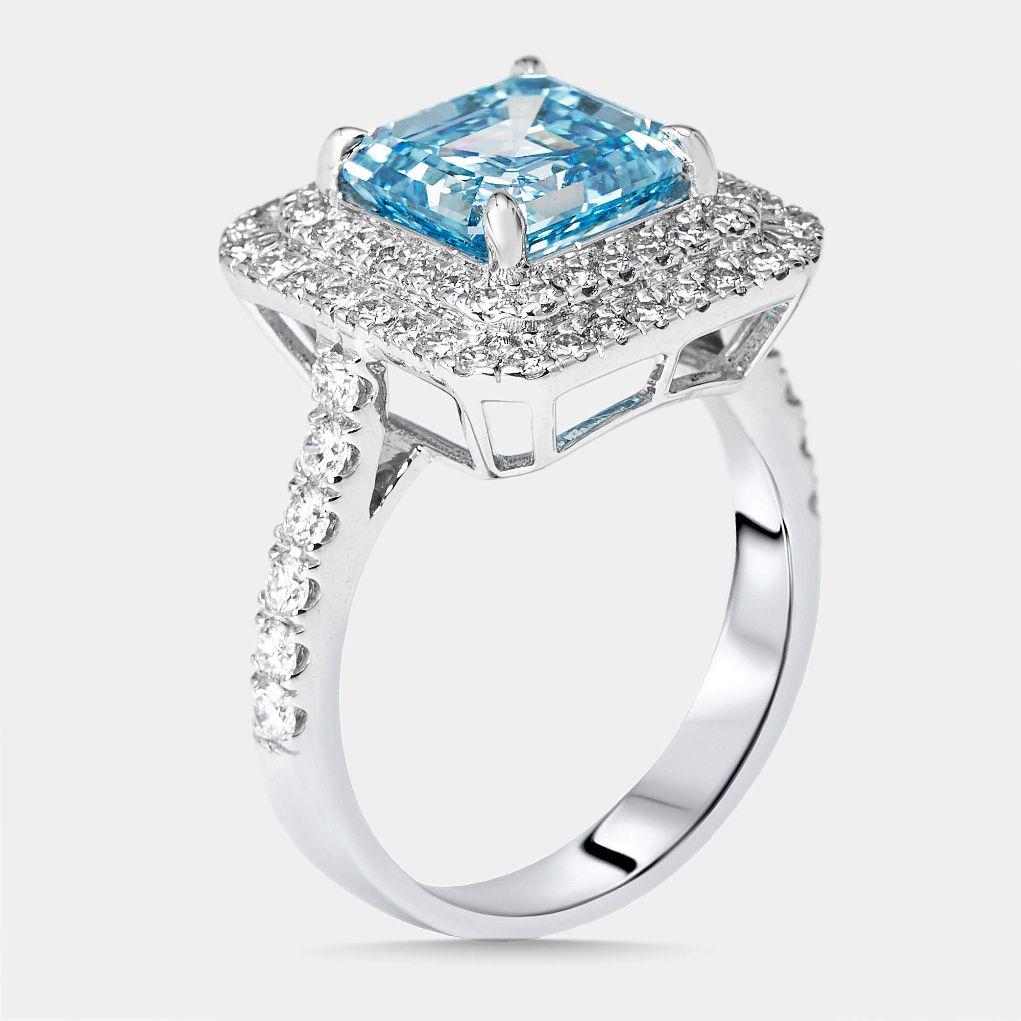Pre Owned 3.9 cts Vivid Blue Asscher, Round Lab Grown Diamonds 18k White Gold Ring Size 51