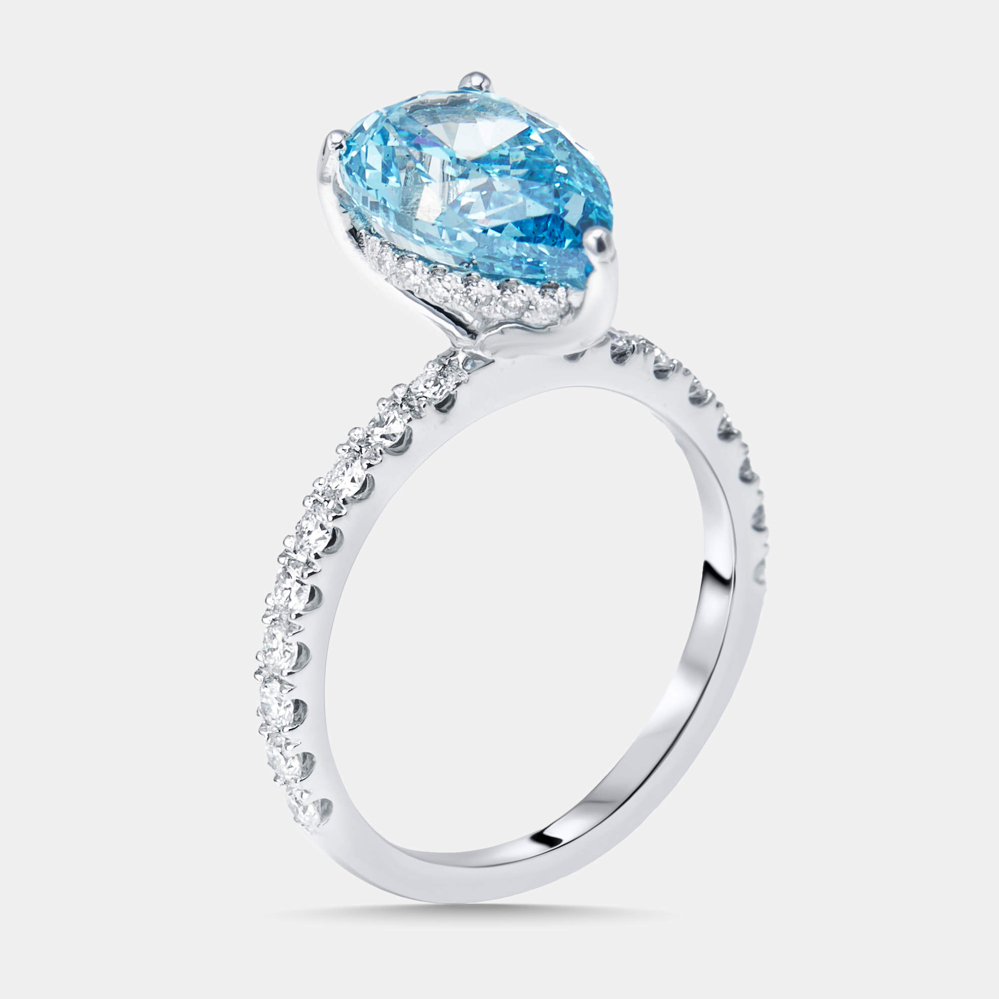 Pre Owned 3.6 cts Vivid Blue Pear, Round Lab Grown Diamonds 18k White Gold Ring Size 51