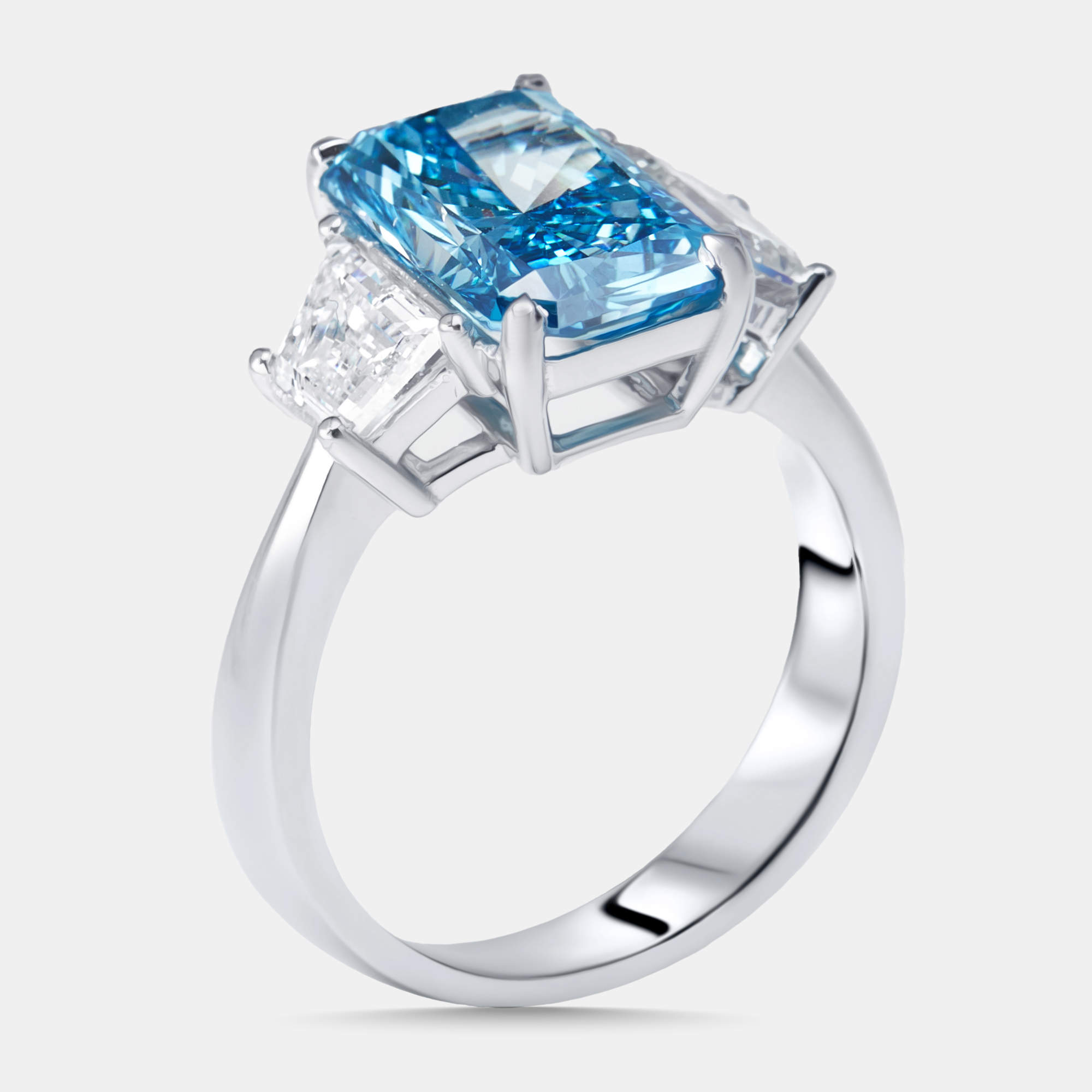 Pre Owned 4 cts Vivid Blue Radiant, Trapazoid Lab Grown Diamonds 18k White Gold Ring Size 51
