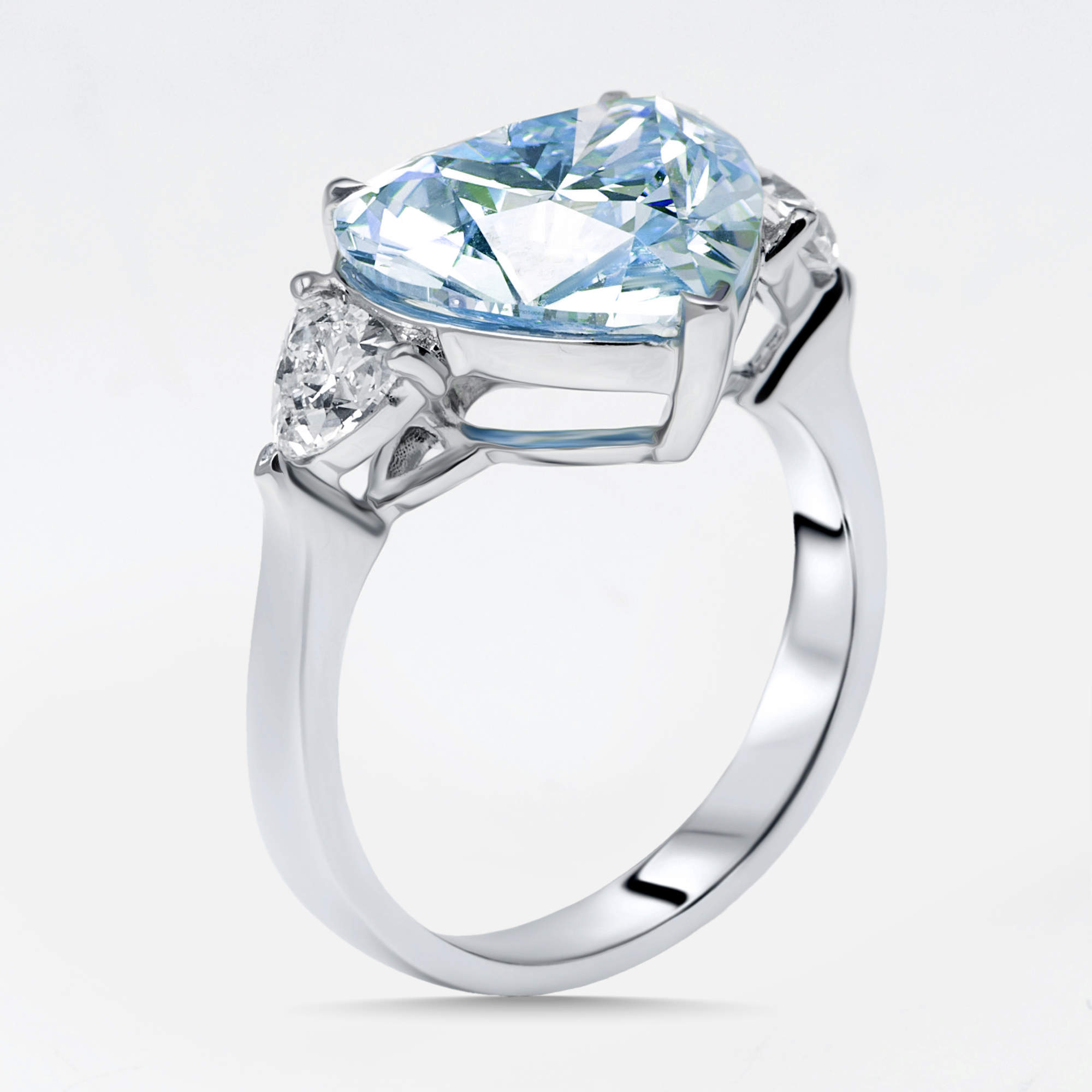 Pre Owned 6 cts VIvid Blue Heart, Trillion Lab Grown Diamonds 18k White Gold Ring Size 52