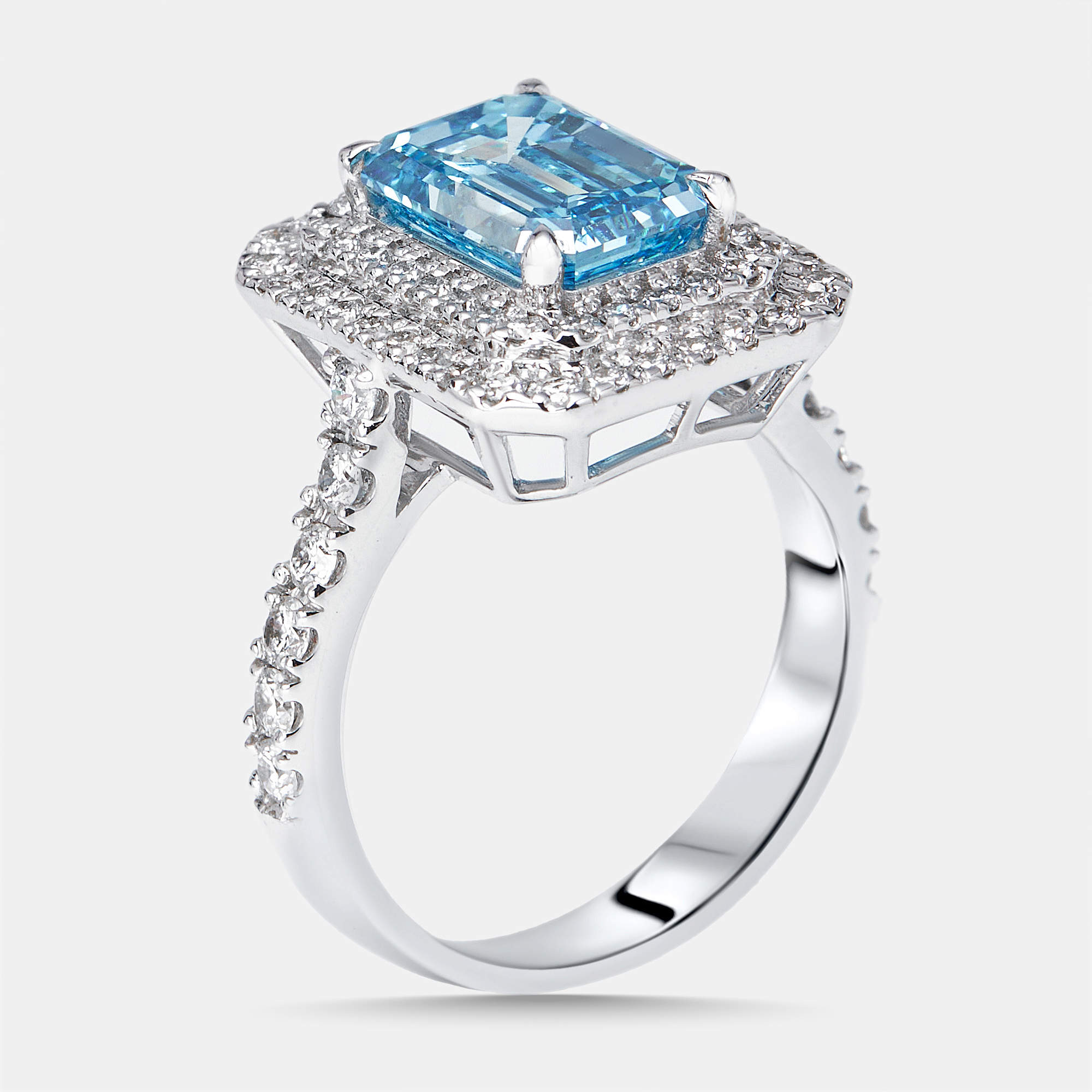 Pre Owned 3.9 cts Vivid Blue Emerald, Round Lab Grown Diamonds 18k White Gold Ring Size 52