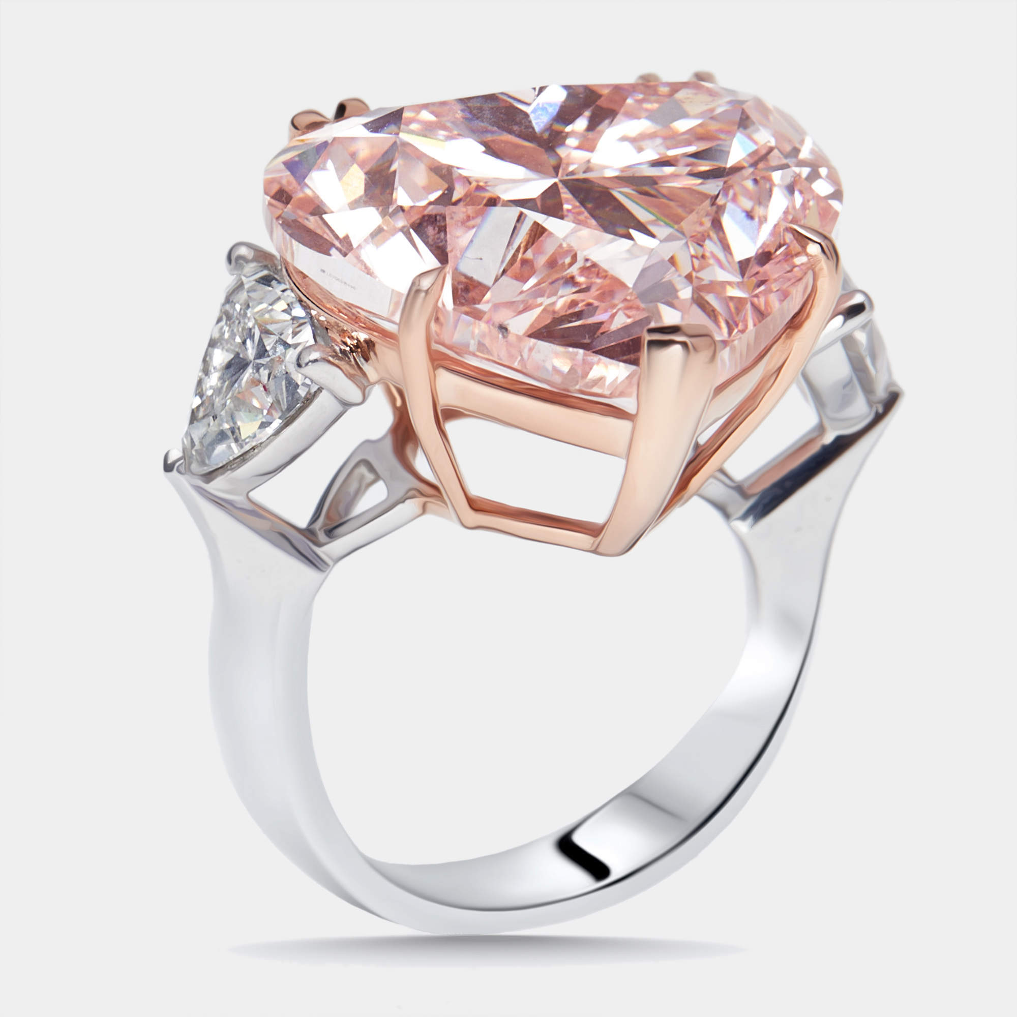 Pre Owned 24.95 cts Pink Heart, Trillion Lab Grown Diamonds 18k Two Tone Gold Ring Size 52