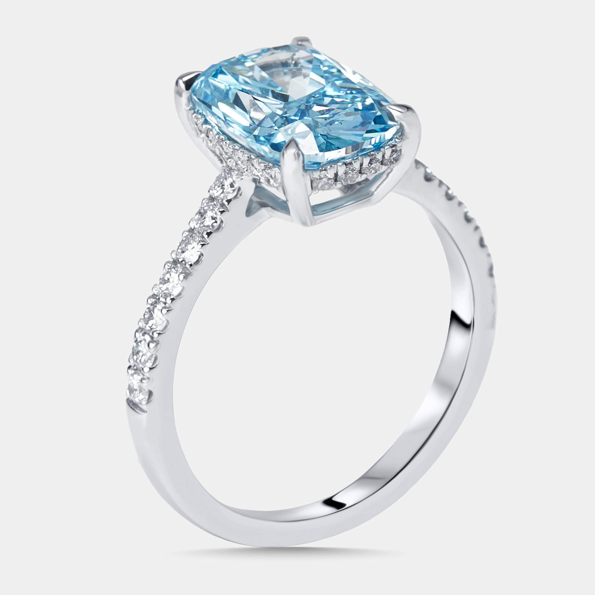 Pre Owned 3.4 cts Vivid Blue Radiant, Round Lab Grown Diamonds 18k White Gold Ring Size 52