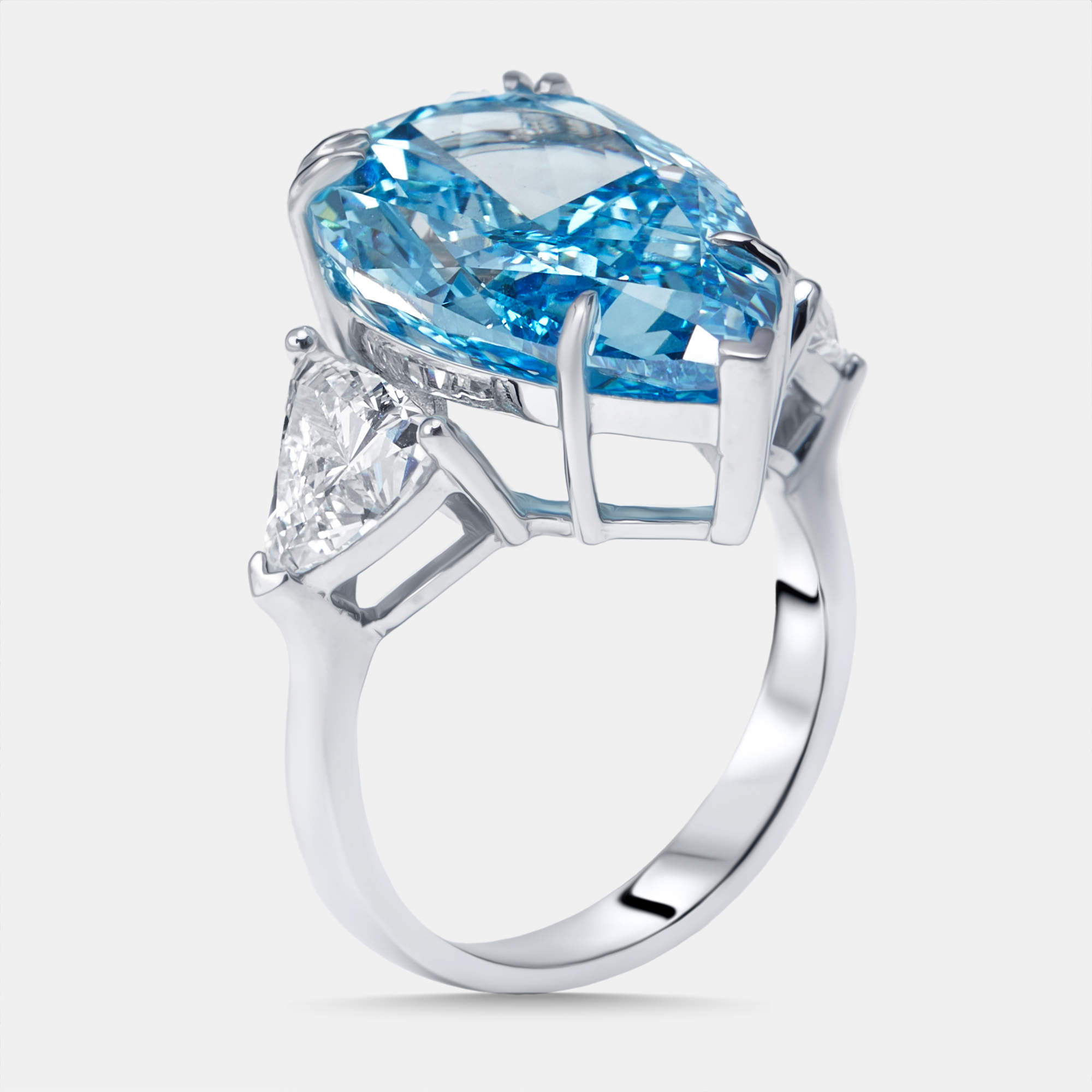 Pre Owned 13.3 cts Vivid Blue Pear, Trillion Lab Grown Diamonds 18k White Gold Ring Size 52