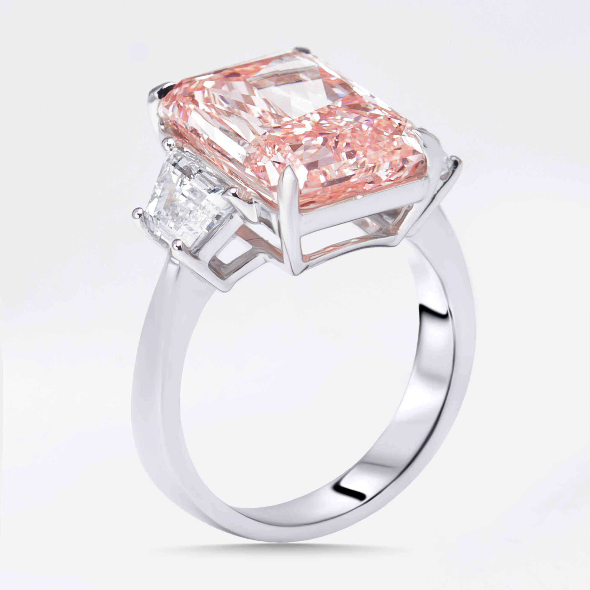 Pre Owned 5.4 cts Pink Radiant, Trapazoid Lab Grown Diamonds 18k White Gold Ring Size 54