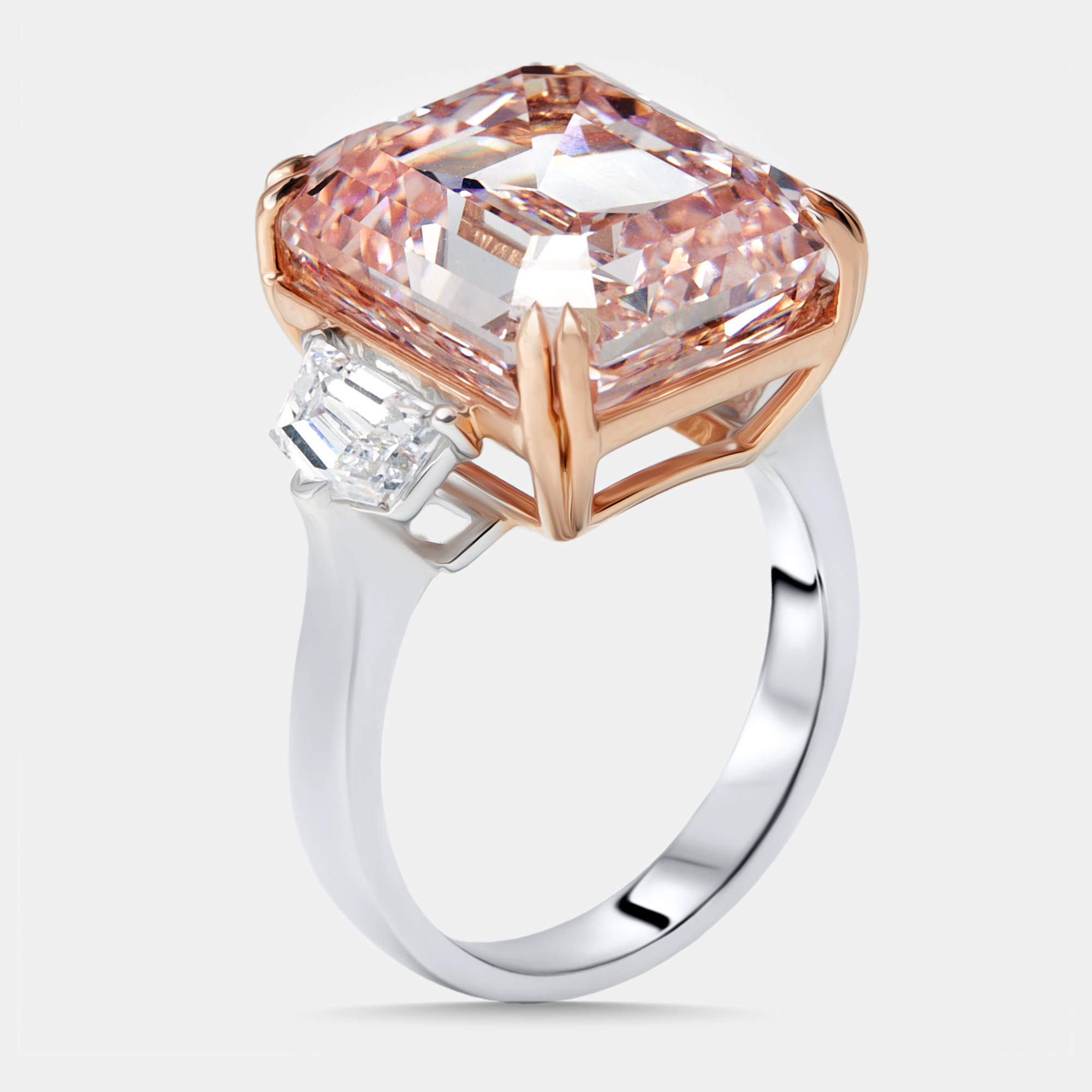 Pre Owned 15 cts Pink Emerald Cut, Halfmoon Lab Grown Diamonds 18k Two Tone Gold Ring Size 55