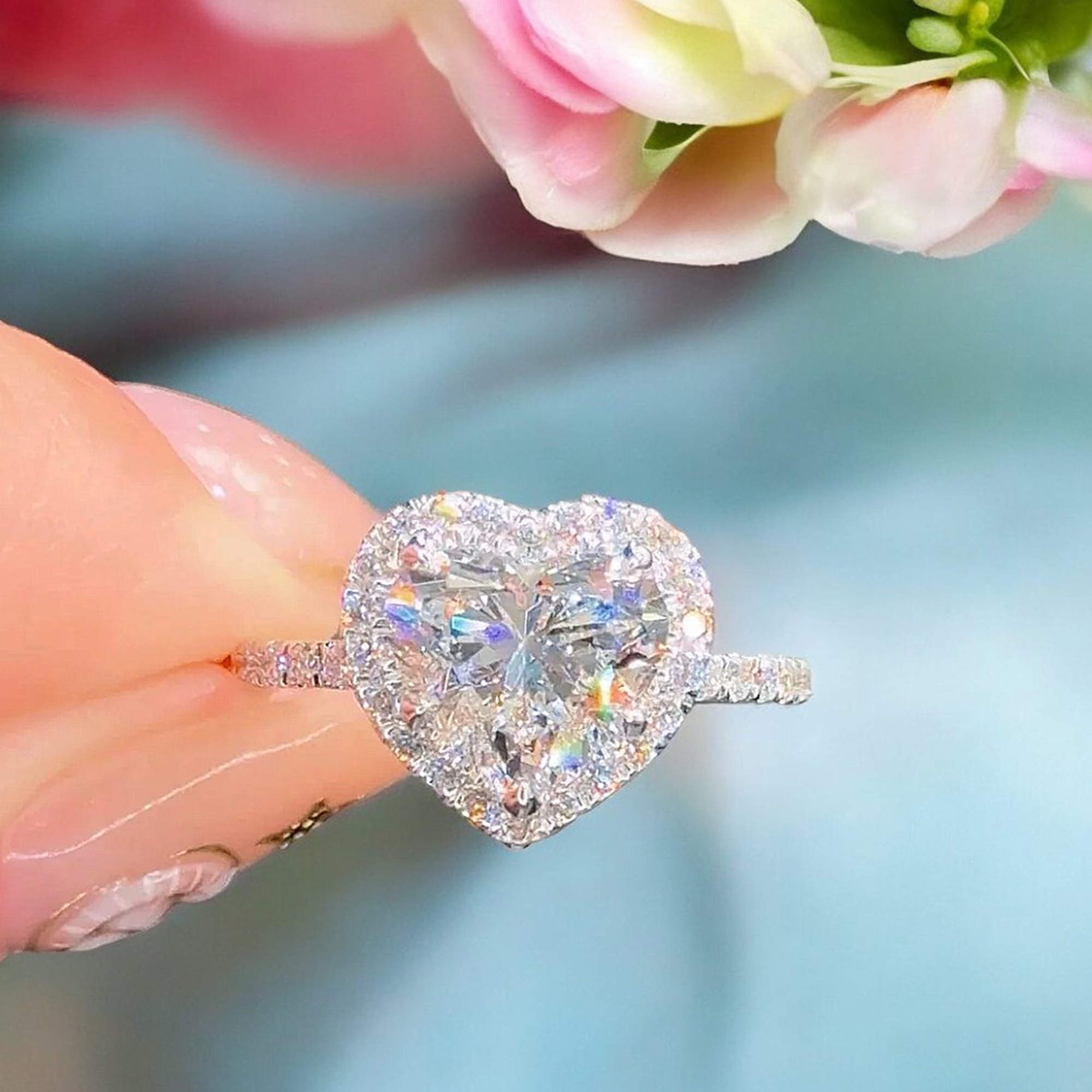 Pre Owned خاتم ألماس مصنع في المختبر بوزن 2.8 قيراط بقصة قلب من الذهب الأبيض عيار 14 بمقاس 6.