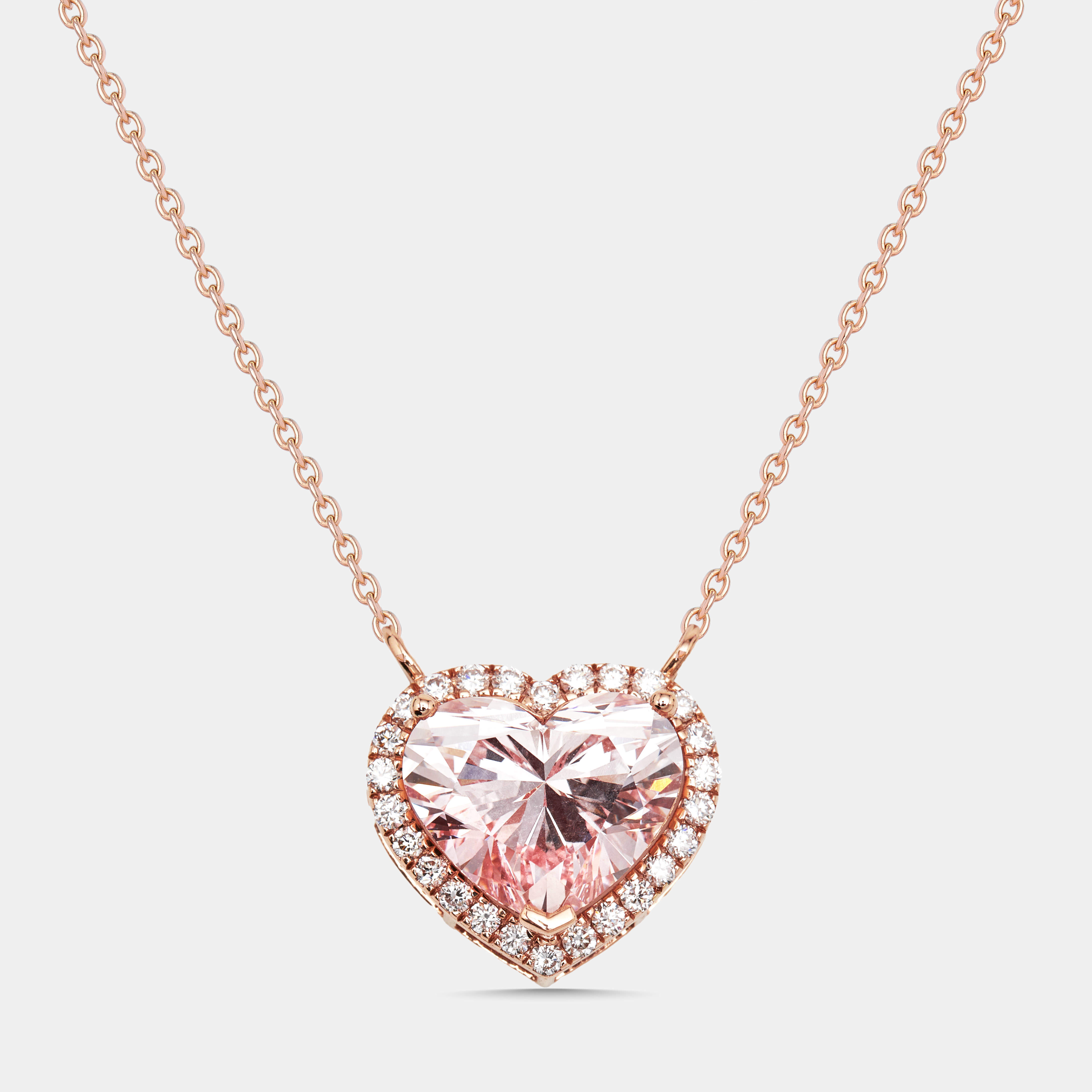 Pre Owned 3.8 Cts Pink Heart, Round Lab Grown Diamonds 18k Rose Gold Necklace