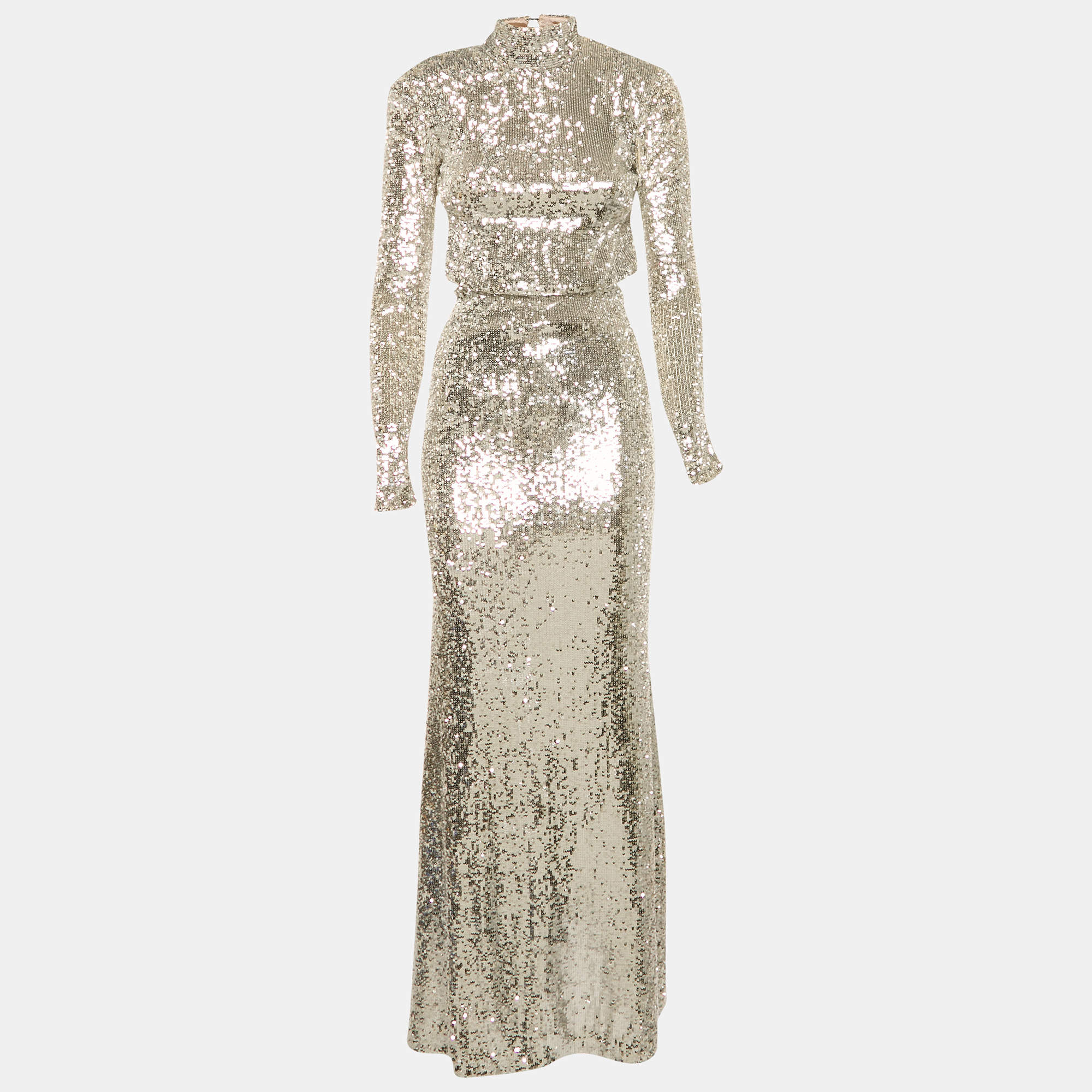 Pre Owned The New Arrivals By Ilkyaz Ozel Silver Sequin Embellished Mesh Maxi Dress M