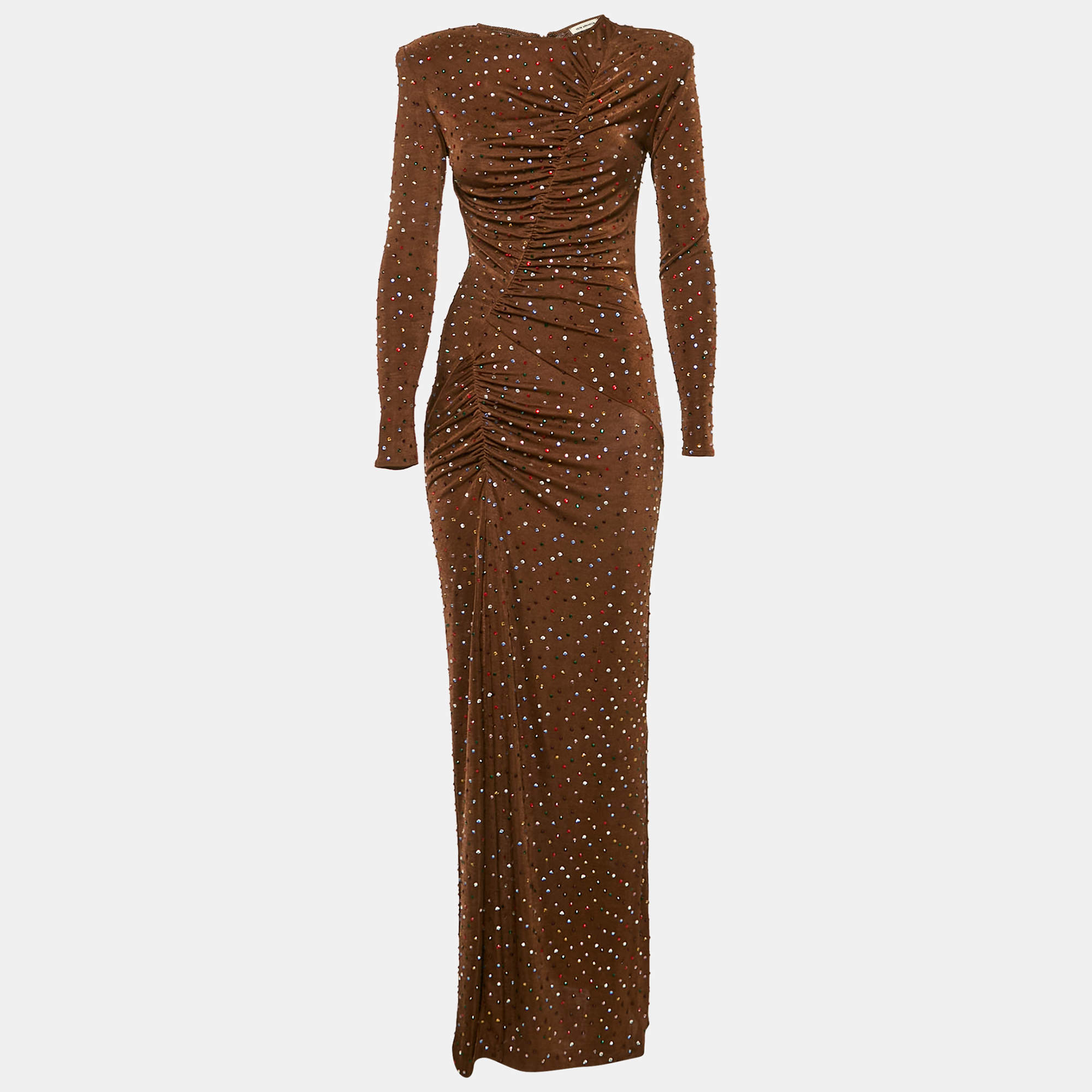 Pre Owned The New Arrivals By Ilkyaz Ozel Brown Jersey Rhinestone Detail Ruche Maxi Dress XS