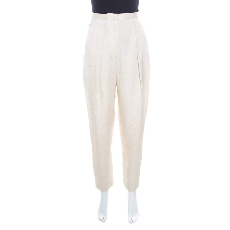 Pre Owned The Row Cream Floral Embossed Jacquard High Waist Trousers S