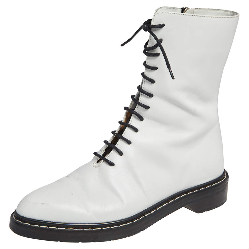 The Row White Leather Fara Lace Up Combat Boots Size 37