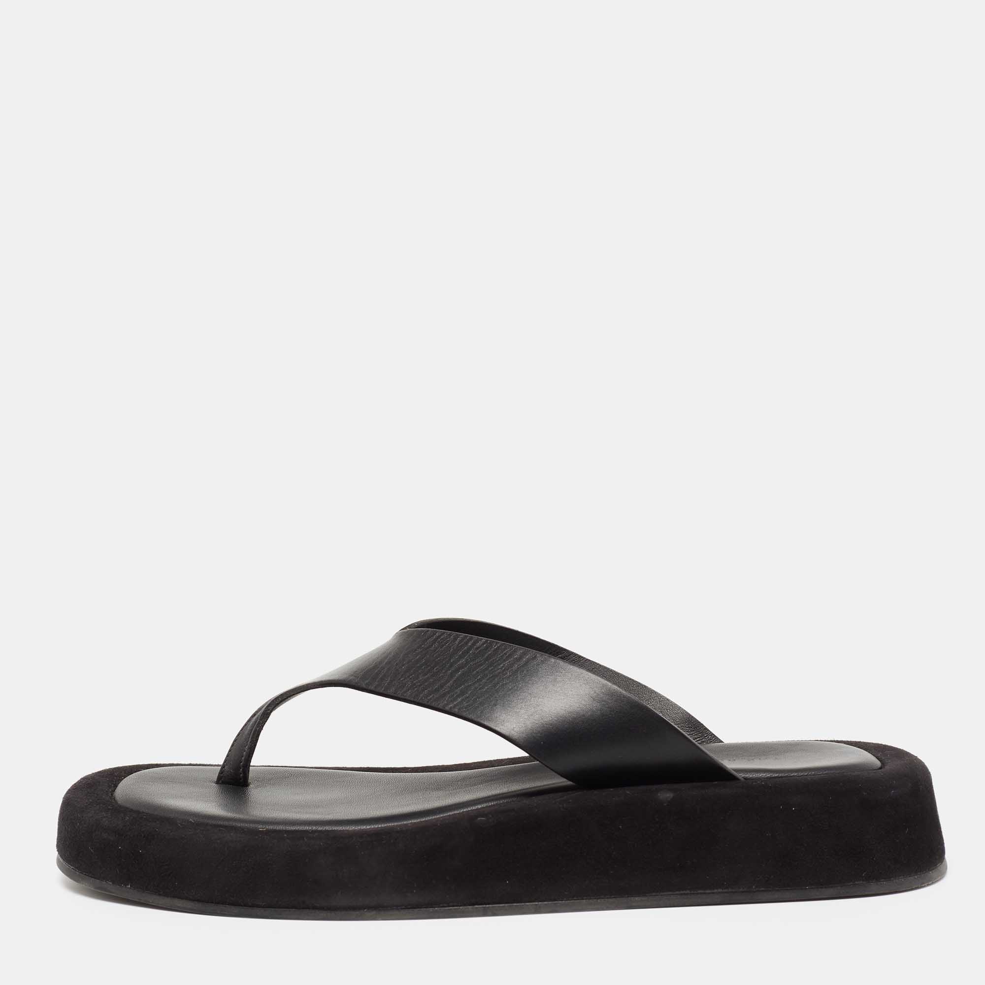 The Row Black Leather And Suede Ginza Thong Sandals Size 37
