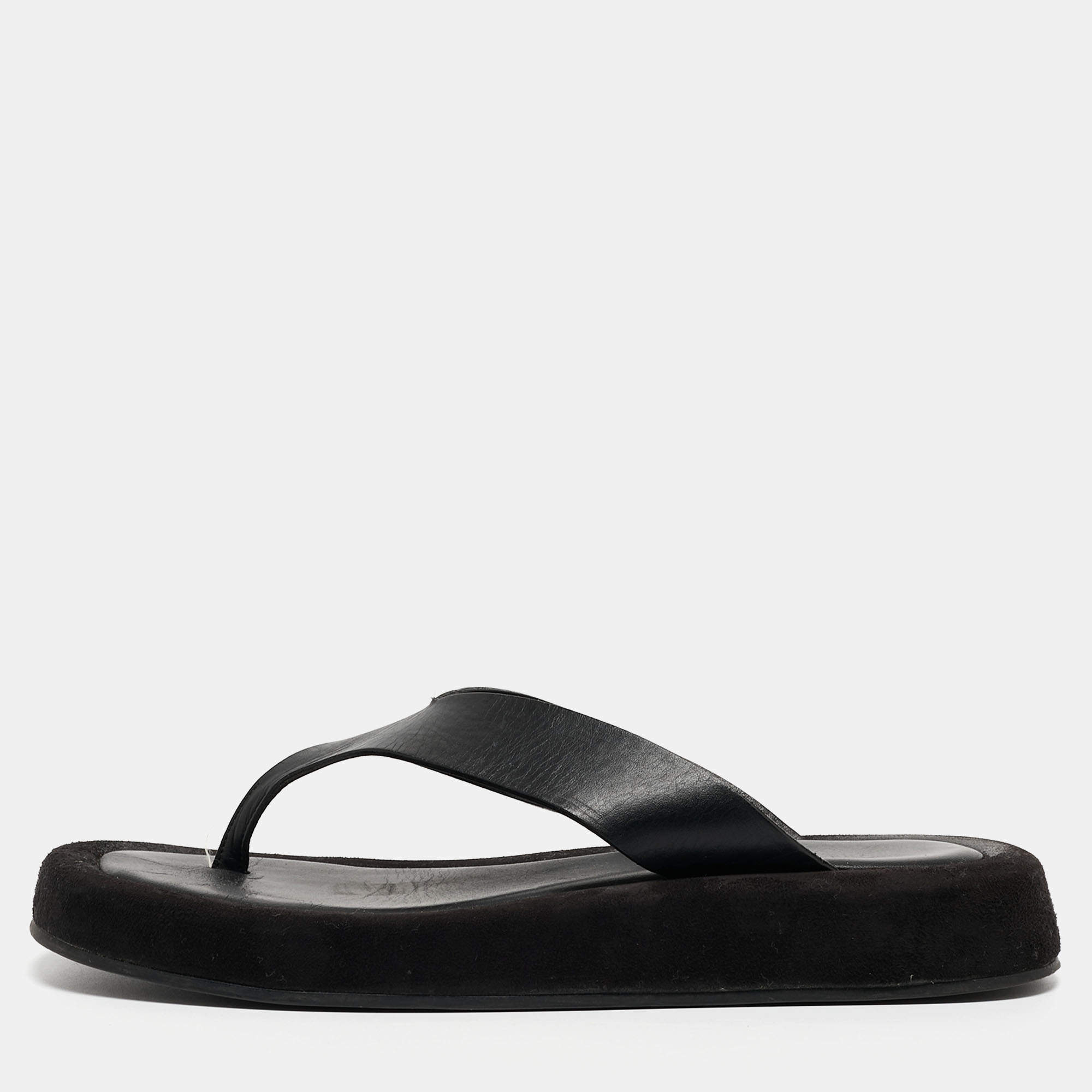 The Row Black Leather Thong Flat Slides Size 37