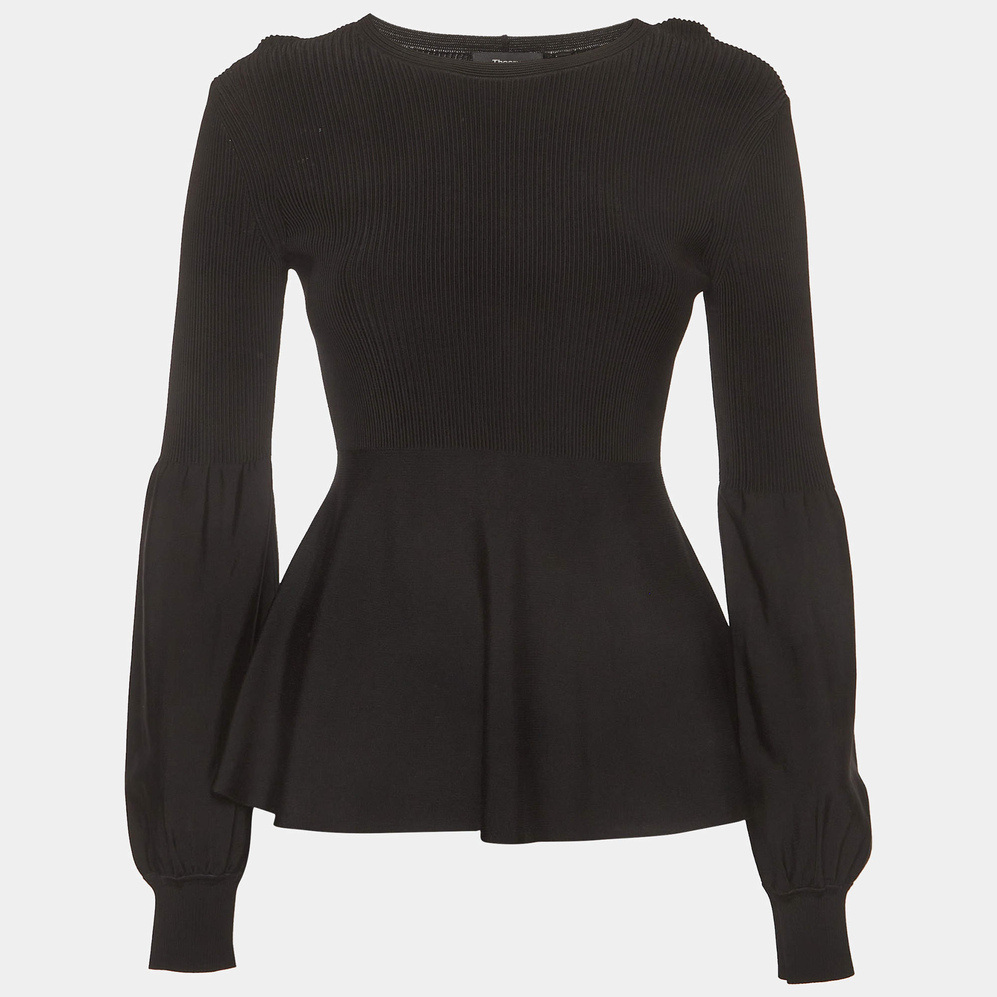 مملوكة مسبقًا Theory Black Rib Knit and Jersey Paneled Blouse S