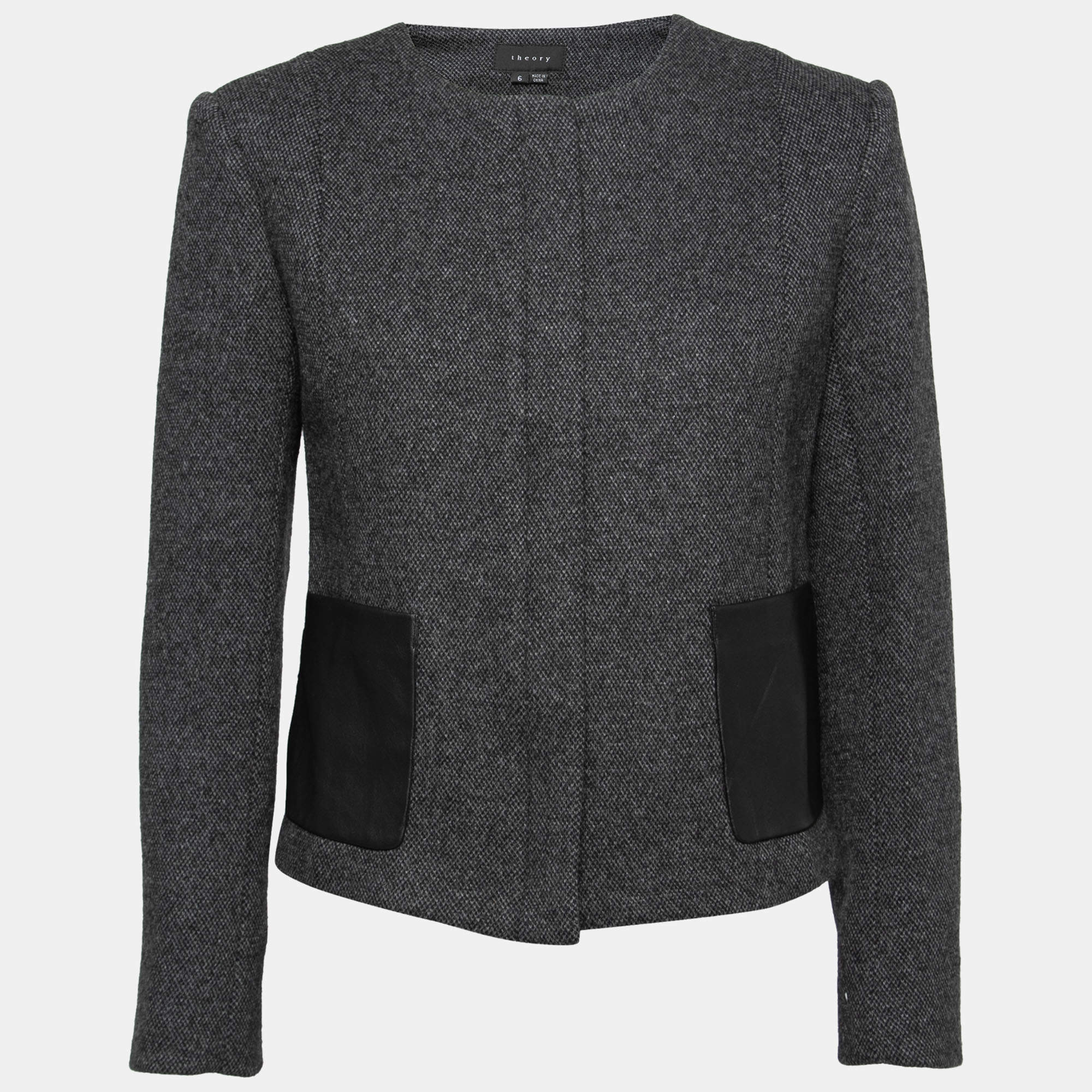 Theory Charcoal Grey Wool Leather Pocket Detail Hilde Jacket M