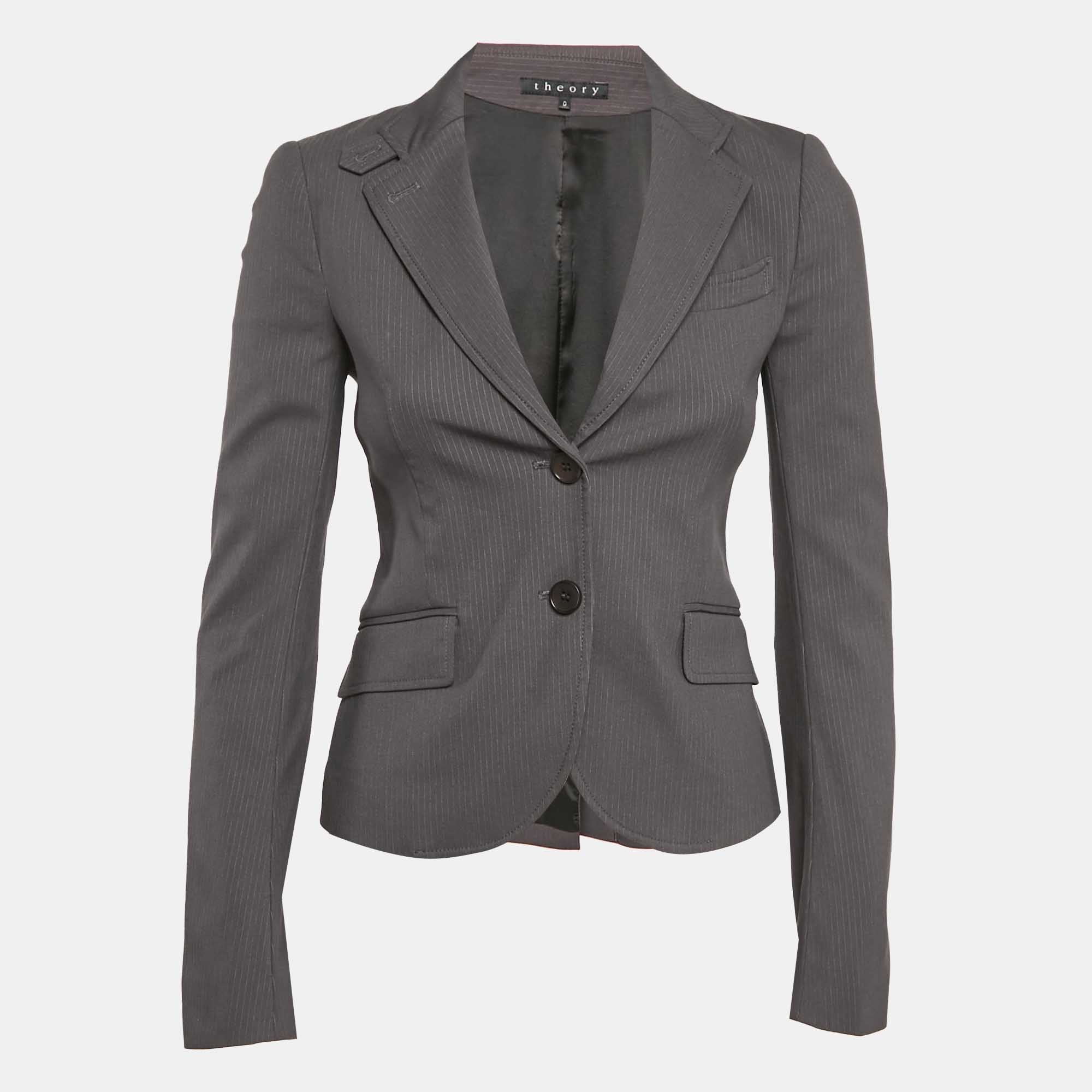 Theory Grey Stripe Patterned Cotton Blend Blazer XS 