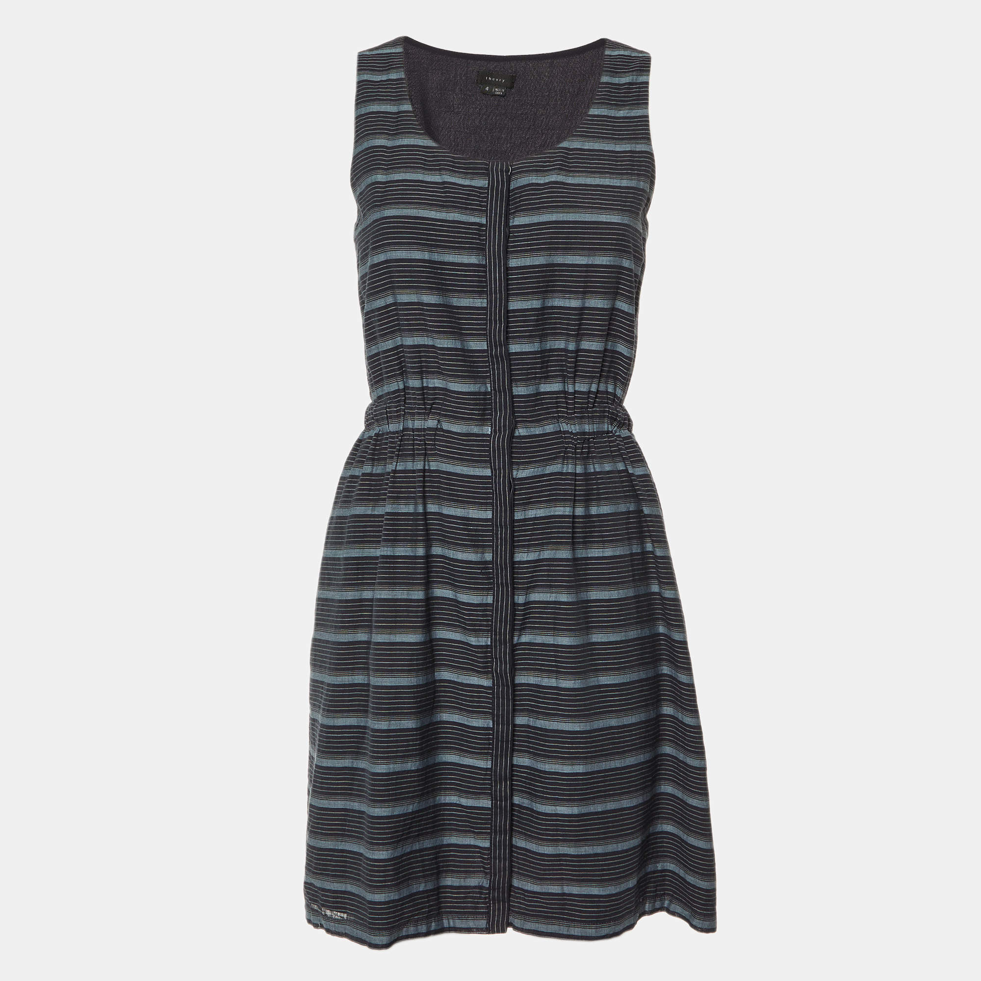 مملوكة مسبقًا Theory Navy Blue Striped Cotton Button Front Dress S
