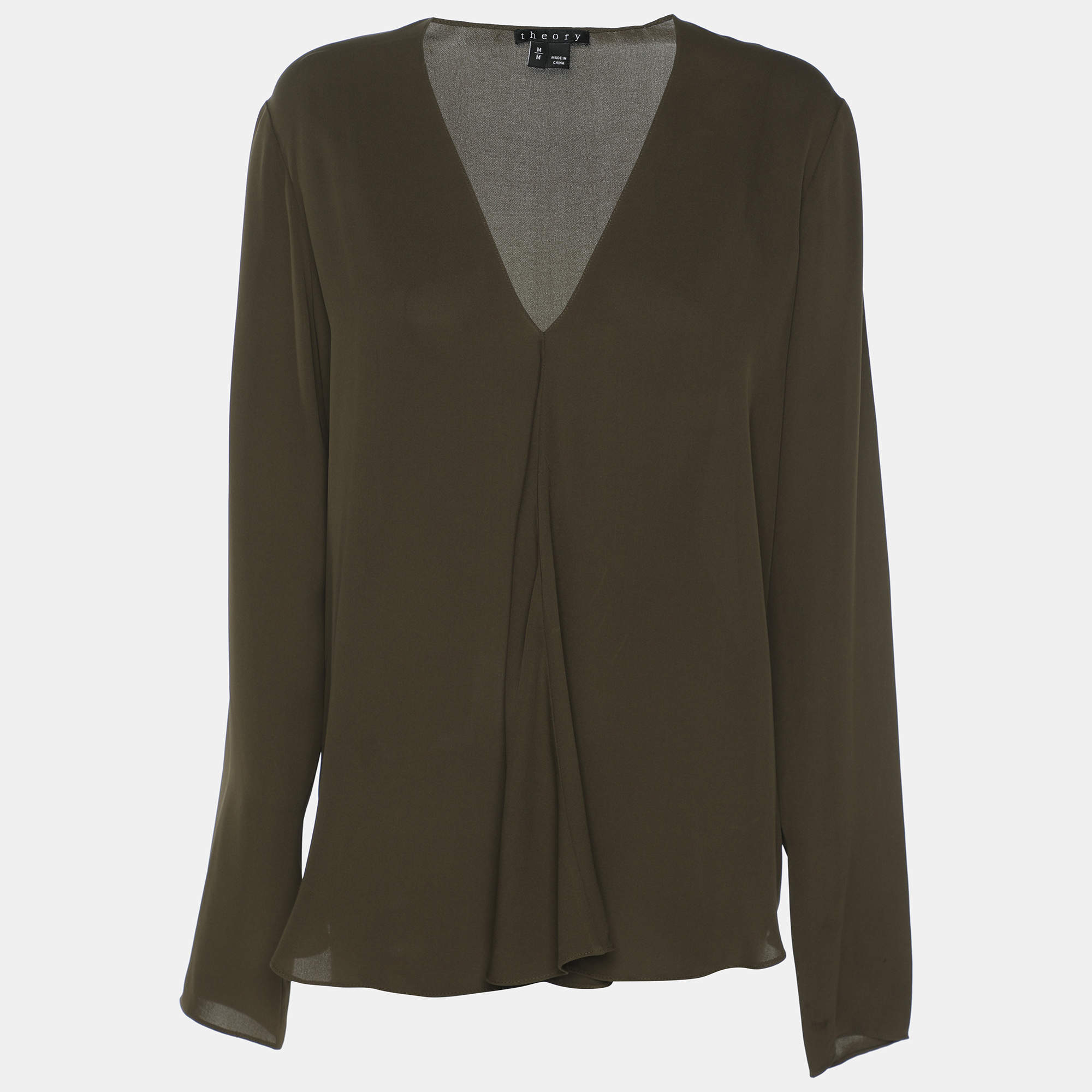 Pre Owned Theory Olive Green Silk Top M