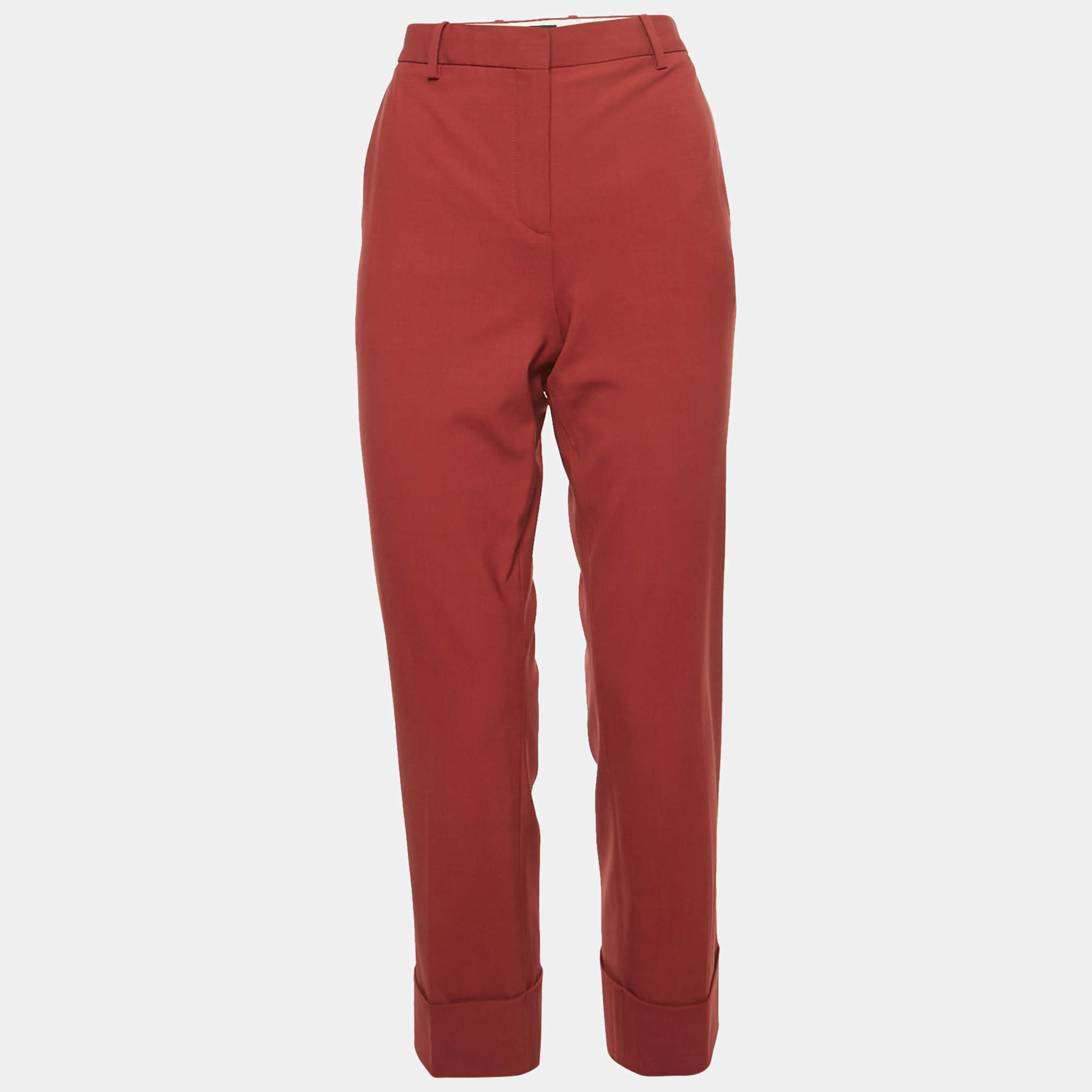 Pre Owned Theory Burgundy Stretch Wool Crop Cuff Trousers L