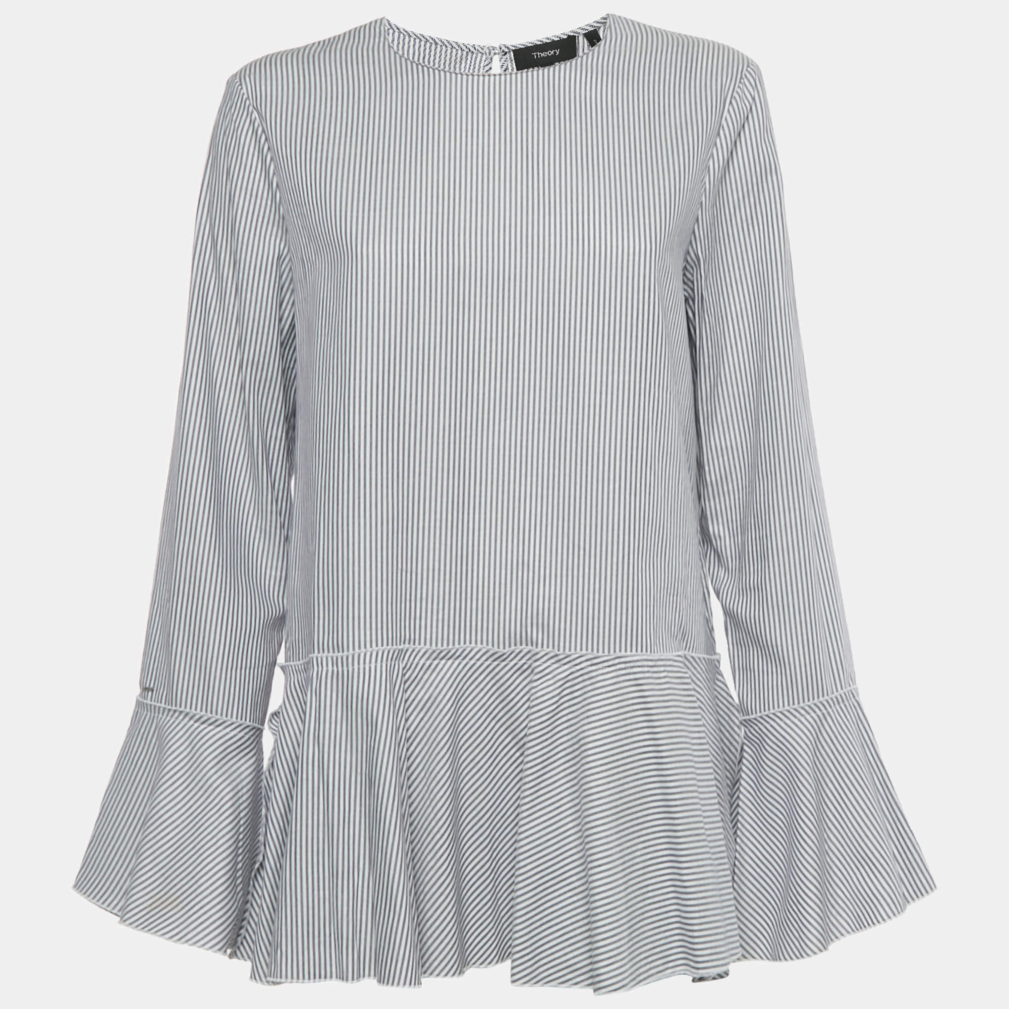 Pre Owned Theory Blue Stripe Cotton Lexanda Top L