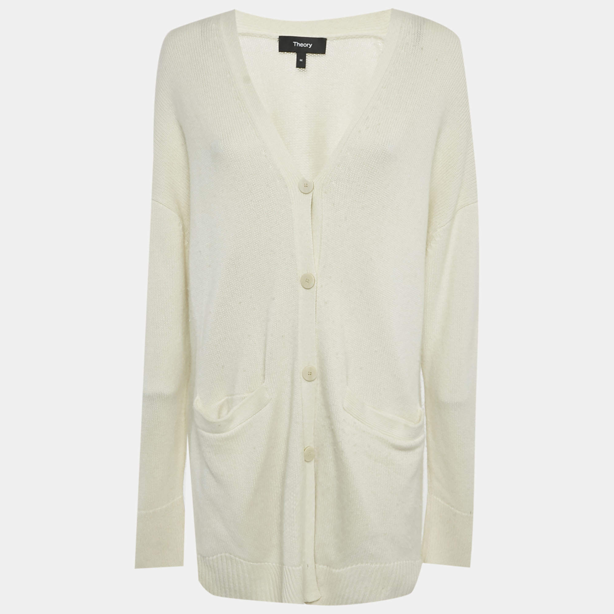 Pre Owned Theory Ivory Wool Knit Leather Patch Cardigan M