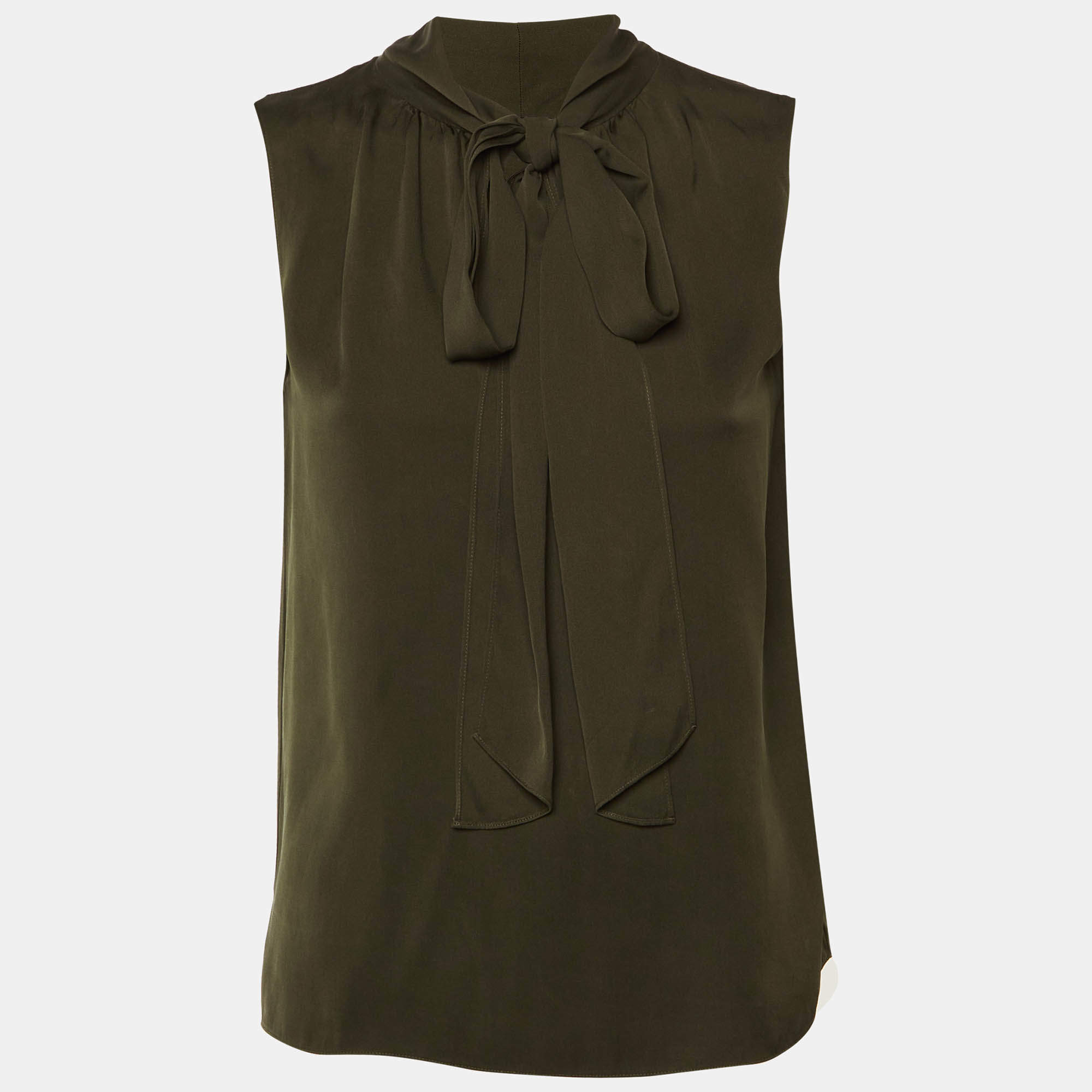 Pre Owned Theory Olive Green Silk Tie Neck Sleeveless Top S