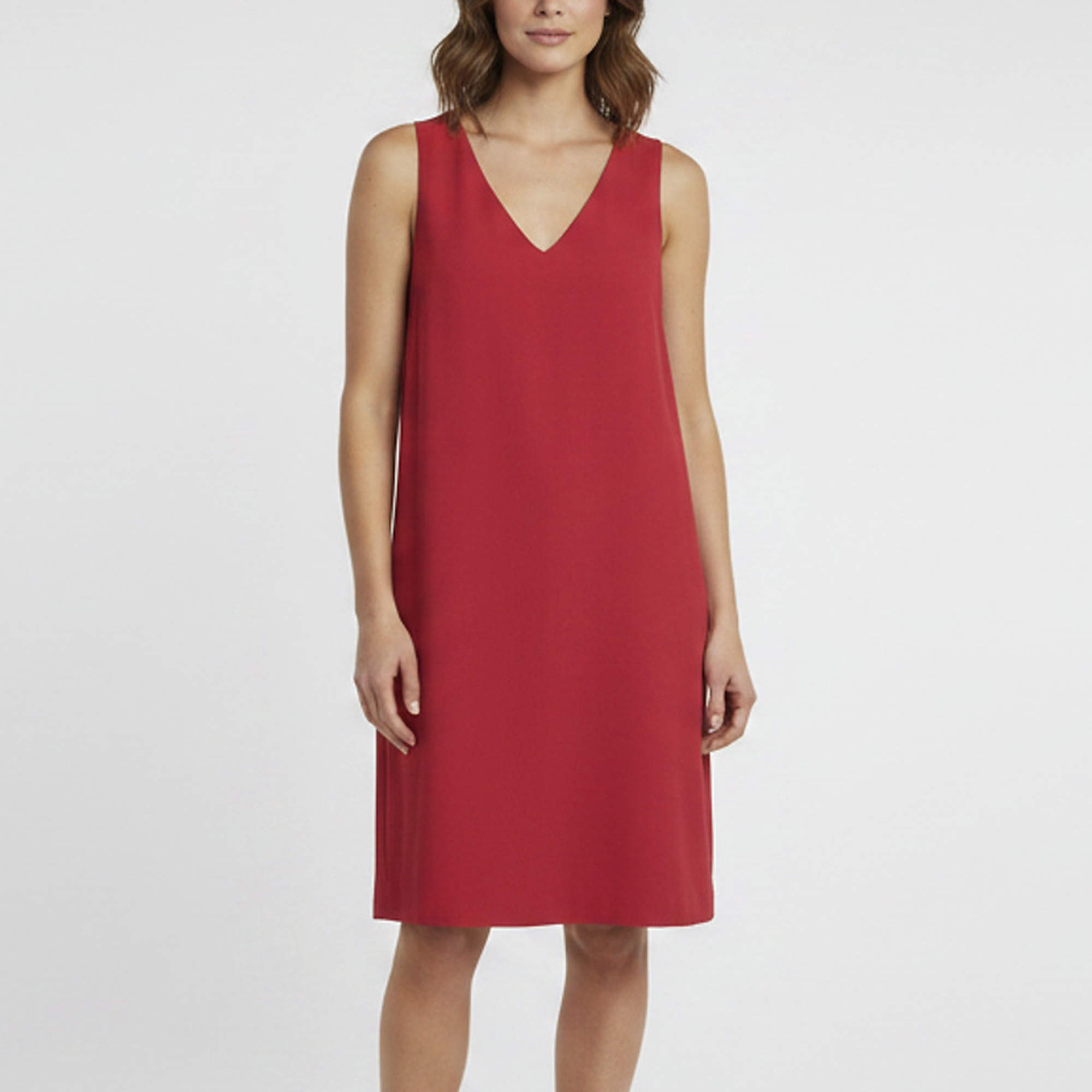 Pre Owned Theory Light Cranberry Crepe V-Neck Mini Shift Dress L