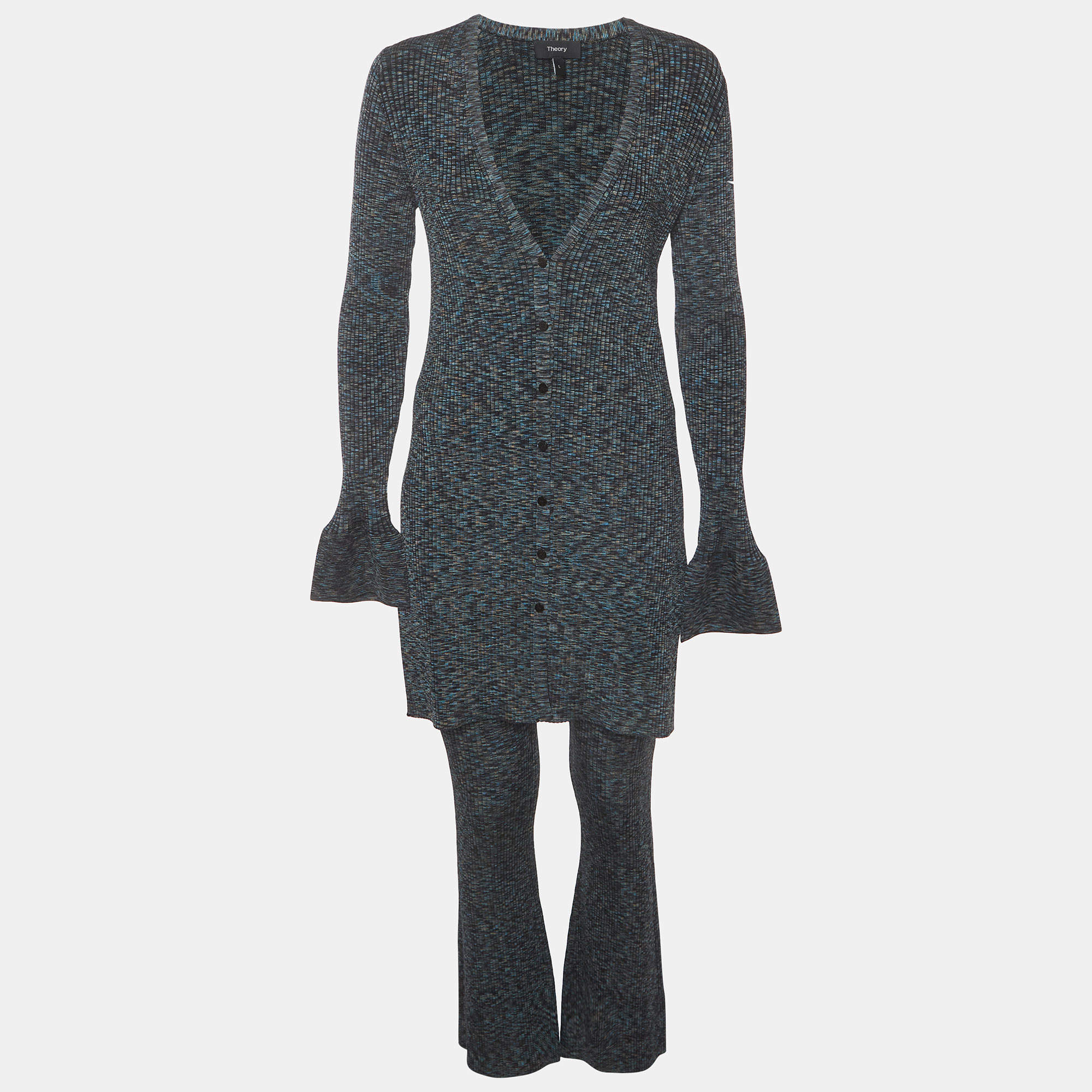 Pre Owned Theory Navy Blue Cable Print Rib Knit Cardigan and Pants Set L/M