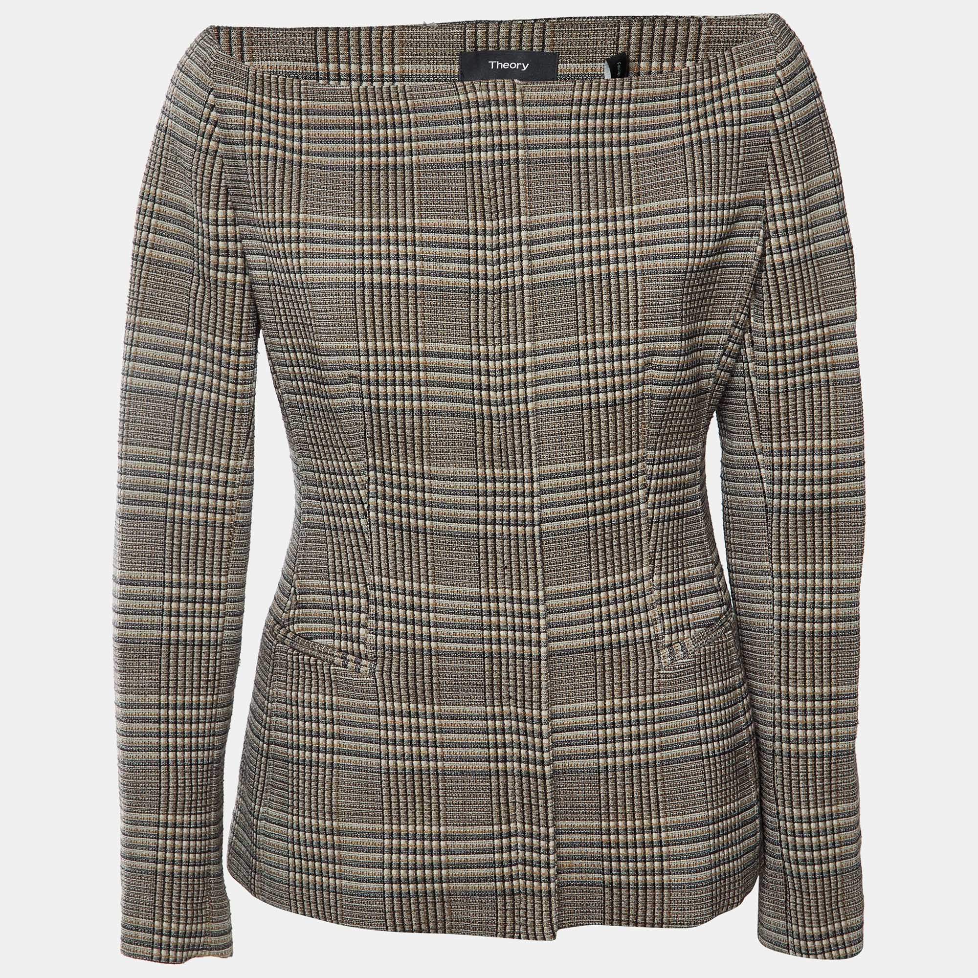 Pre Owned Theory Brown Plaid Check Wool Hadfield Off-The-Shoulder Jacket M