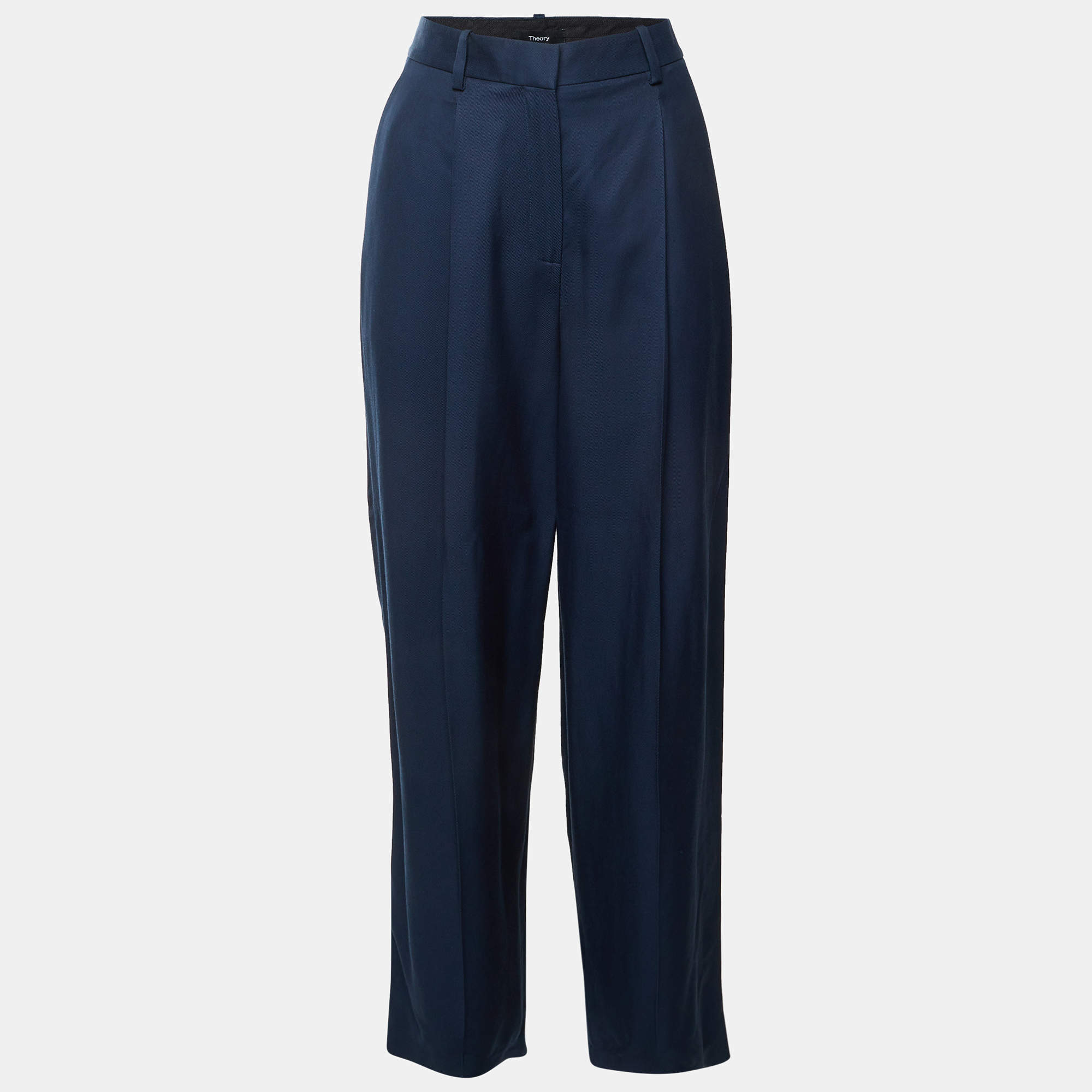 Pre Owned Theory Dark Blue Drill Pleated Wide Leg Trousers S