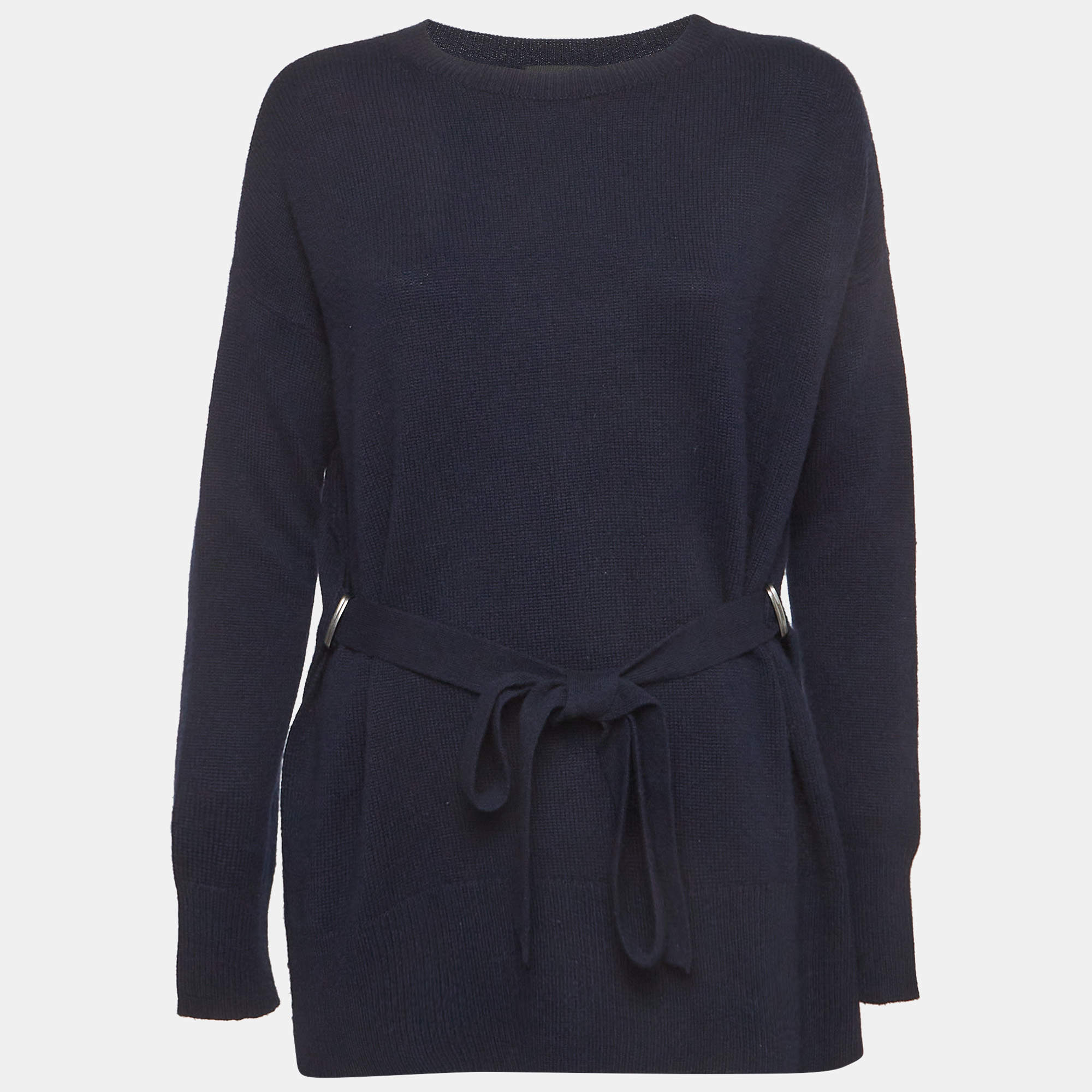 Pre Owned Theory Navy Blue Cashmere Self-Tie Belt Crewneck Sweater S
