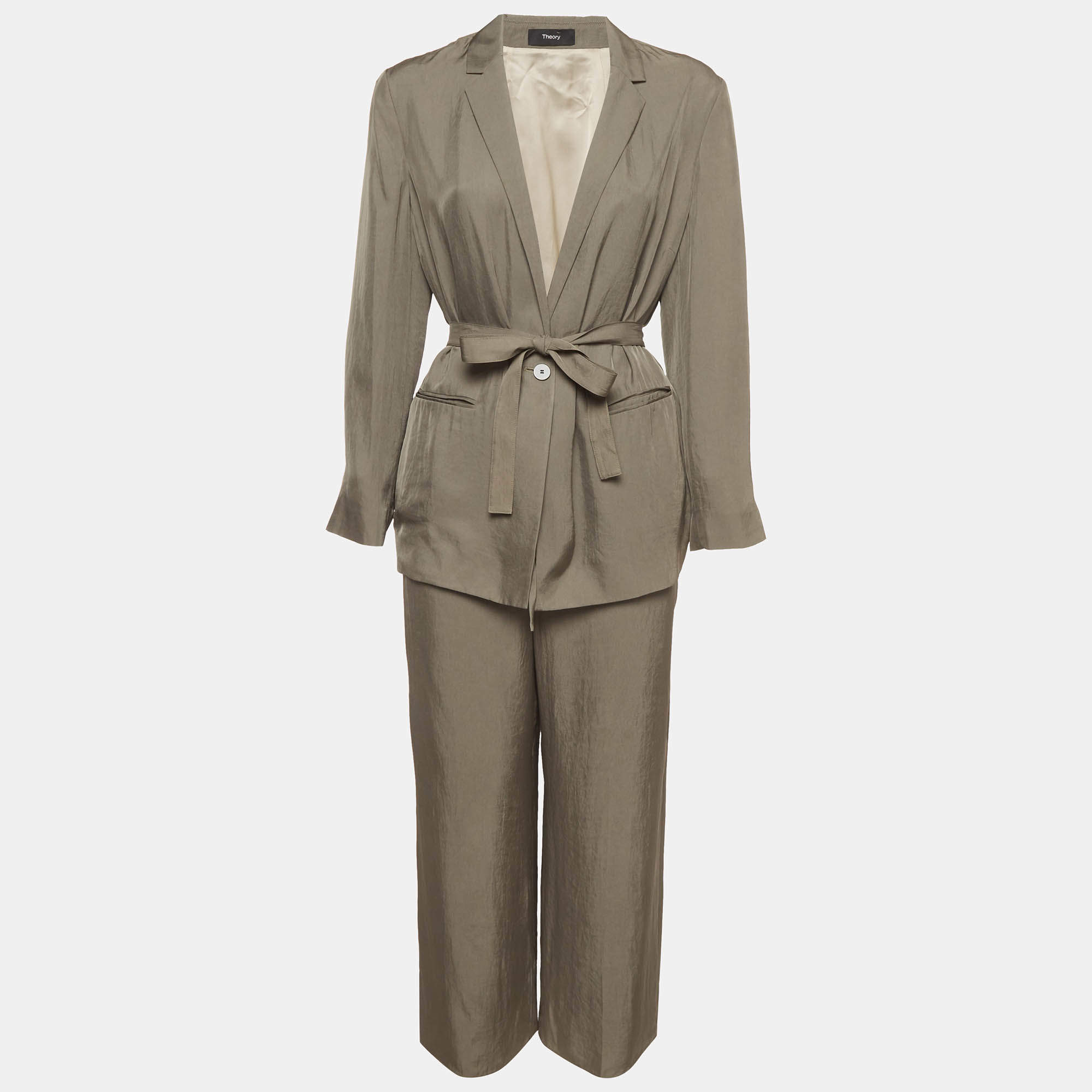 Pre Owned Theory Olive Green Sateen Belted Blazer and Pants Set M