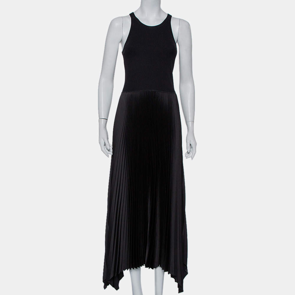 Theory Black Rib Knit & Plisse Sleeveless Asymmetric Hem Vinessi Maxi Dress S