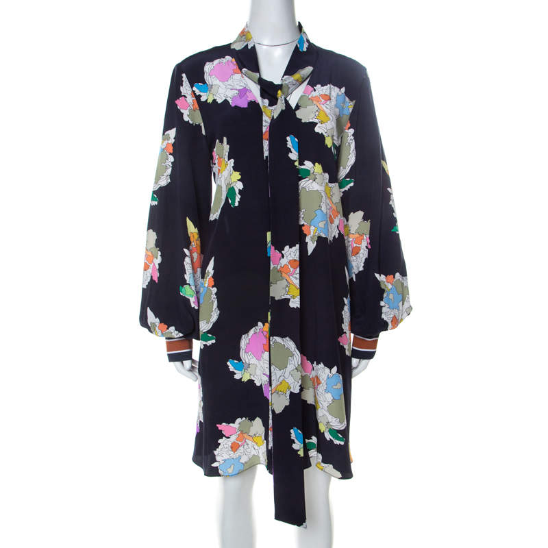 Tibi Navy Blue Camellia Print Silk Tie Neck Dress M