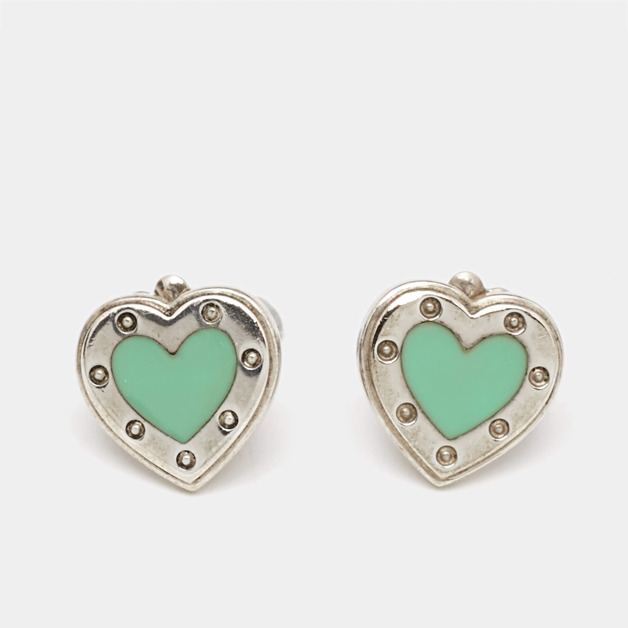Pre Owned Tiffany & Co. Love Tiffany Blue® Enamle Heart Sterling Silver Stud Earrings