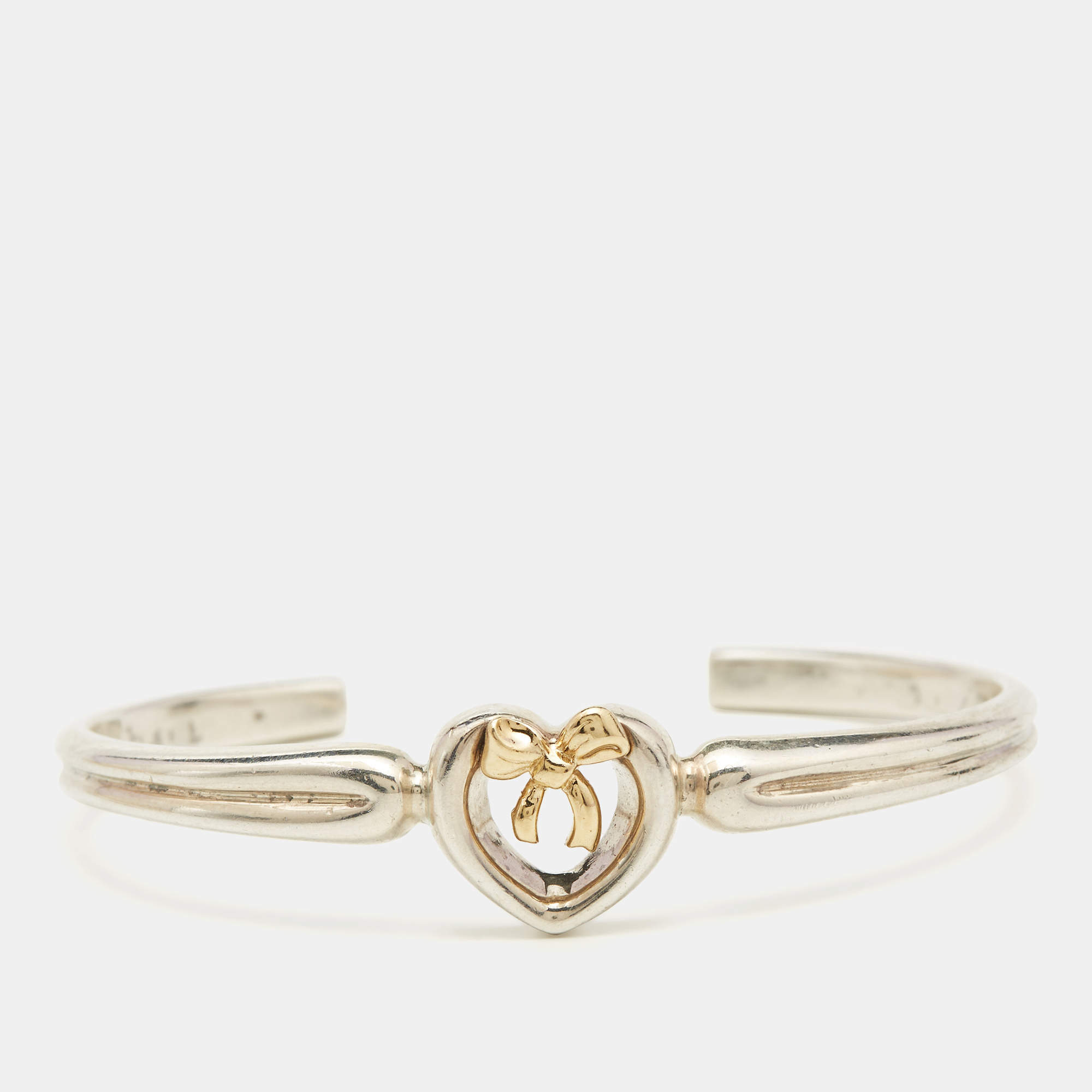 Pre Owned Tiffany & Co. Heart Bow 18k Yellow Gold Sterling Silver Bracelet