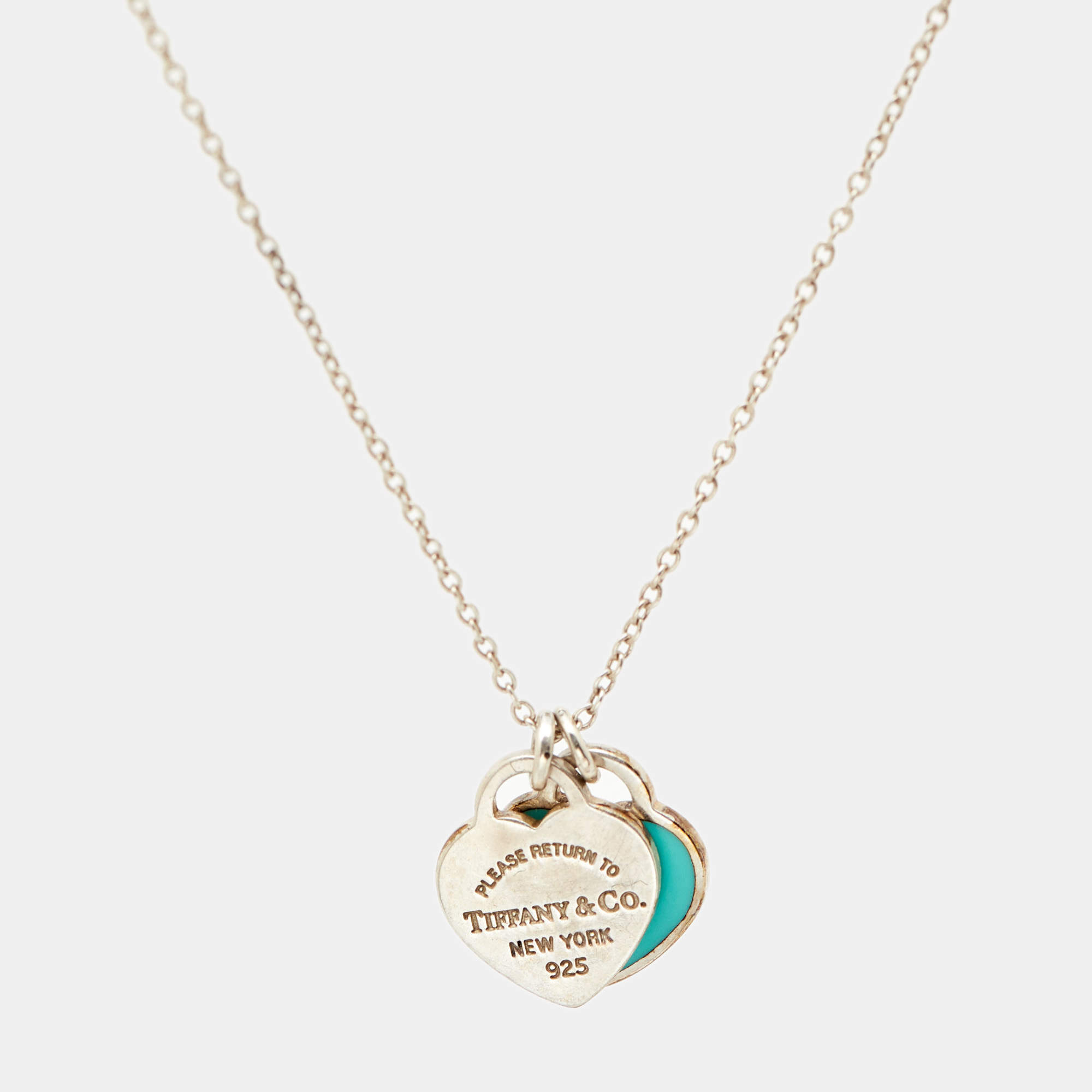 Tiffany & Co. Return to Tiffany Mini Double Heart Tag Pendant Blue Enamel Sterling Silver Chain Necklace