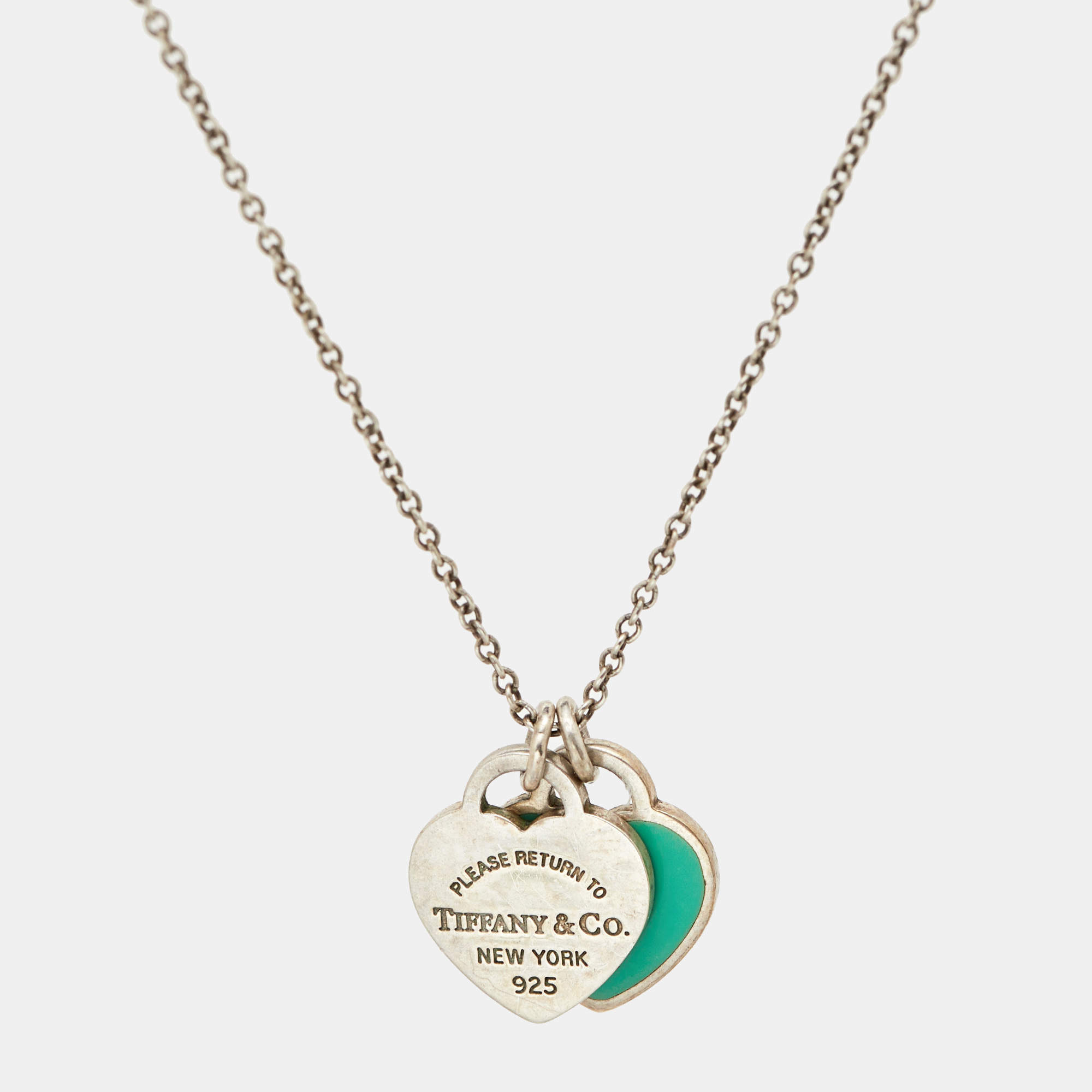 Pre Owned Tiffany & Co. Return to Tiffany Blue Enamel Double Heart Tag Sterling Silver Necklace