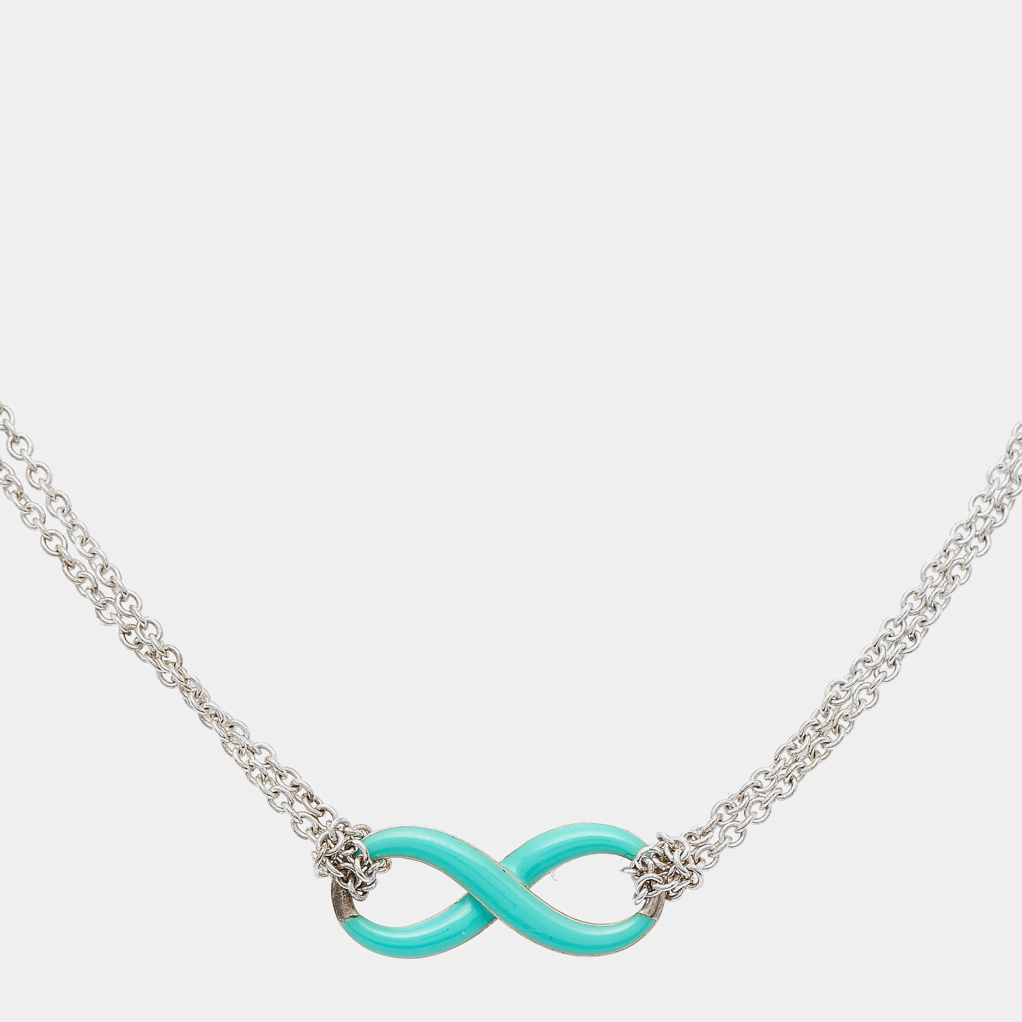 Pre Owned Tiffany & Co Blue Enamel Infinity Pendant Sterling Silver Double Chain Necklace