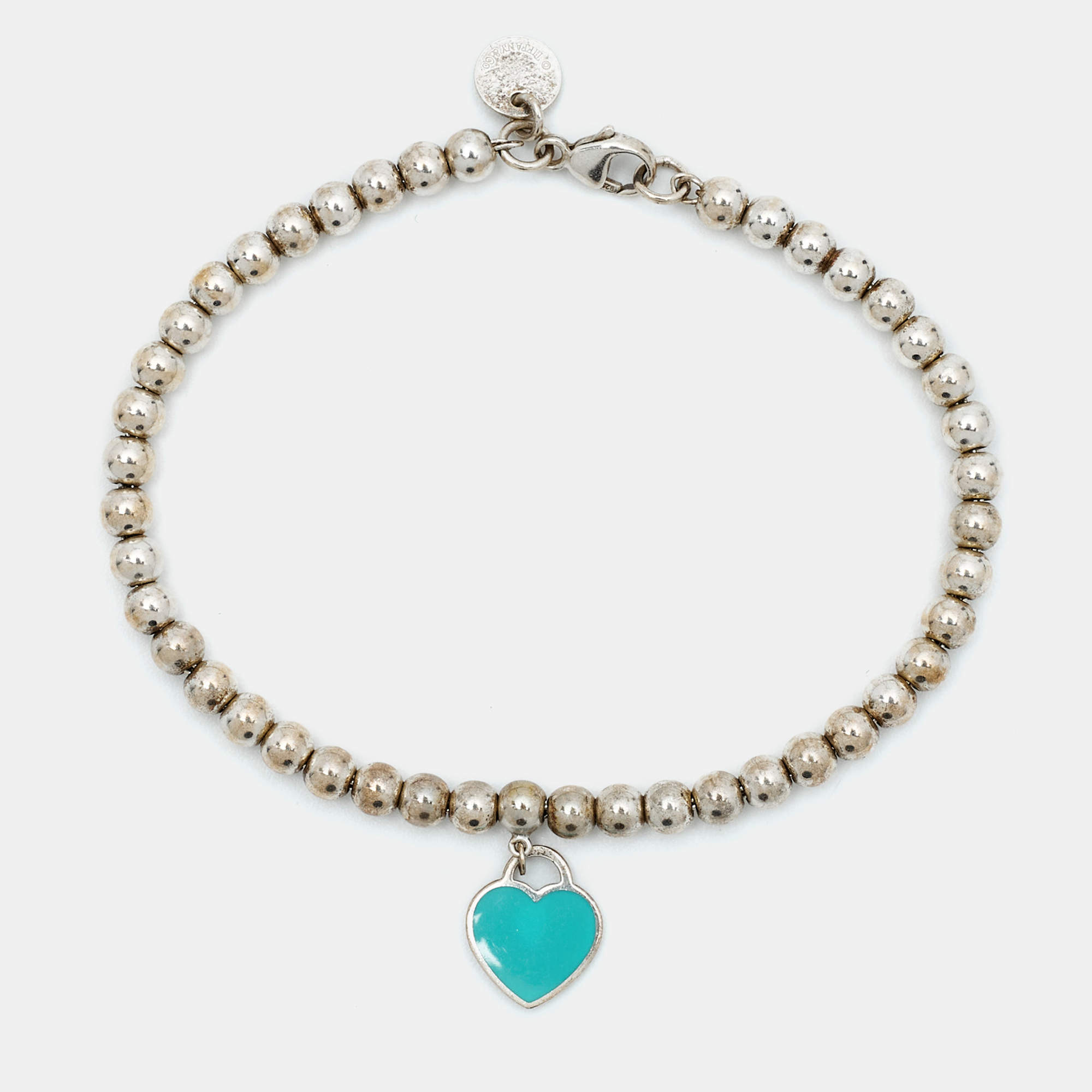Pre Owned Tiffany & Co. Return to Tiffany Heart Tag Enamel Sterling Silver Bead Bracelet   