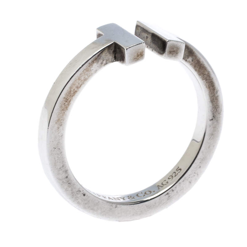 Pre Owned Tiffany T Square Silver Open Ring Size 56