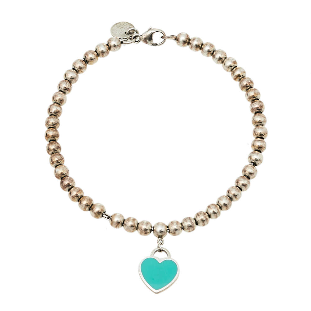 Pre Owned Tiffany & Co. Return to Tiffany Enamel Heart Tag Silver Beads Bracelet