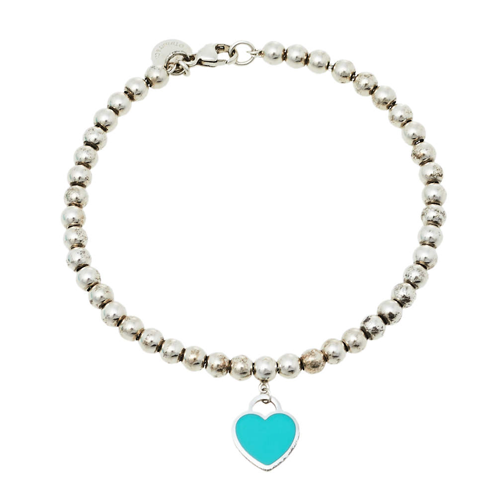Pre Owned Tiffany & Co. Return to Tiffany Enamel Heart Tag Silver Beads Bracelet
