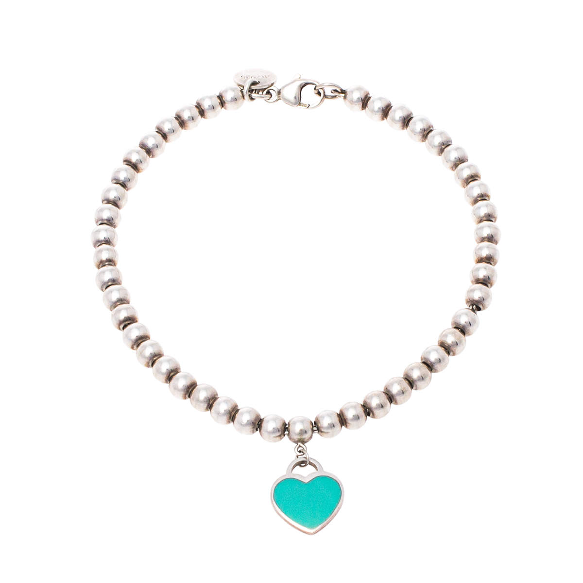 Pre Owned Tiffany & Co. Return To Tiffany Blue Enamel Heart Tag Silver Bead Bracelet 