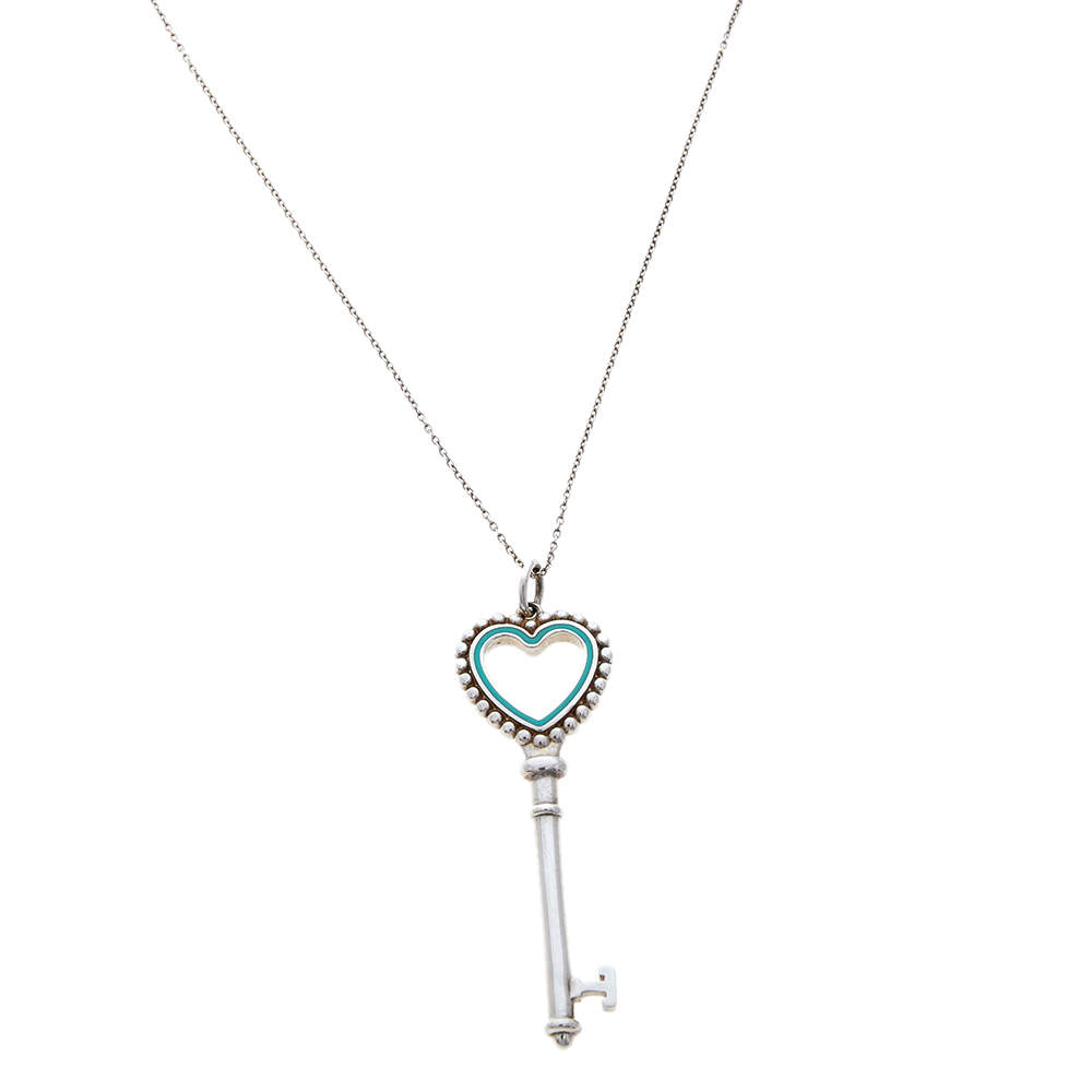 Tiffany & Co. Sterling Silver Enamel Beaded Heart Key Pendant Necklace
