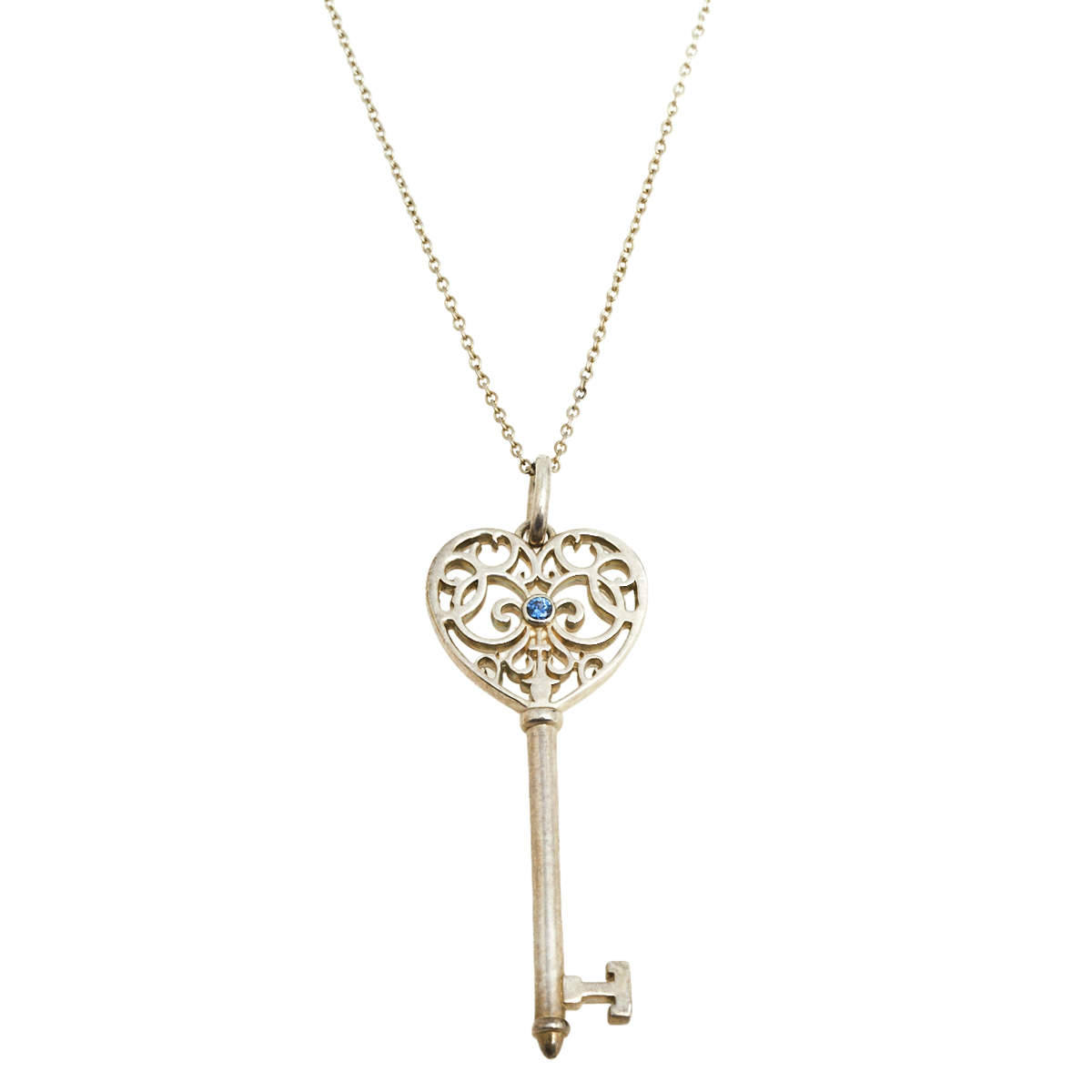 Pre Owned Tiffany & Co. Sterling Silver Enchant Heart Key Pendant Chain Necklace