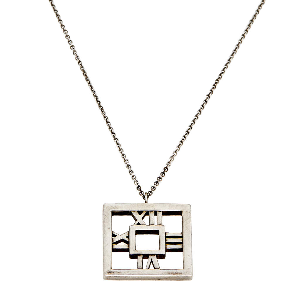 Pre Owned Tiffany & Co. Square Atlas Open Silver Pendant Necklace