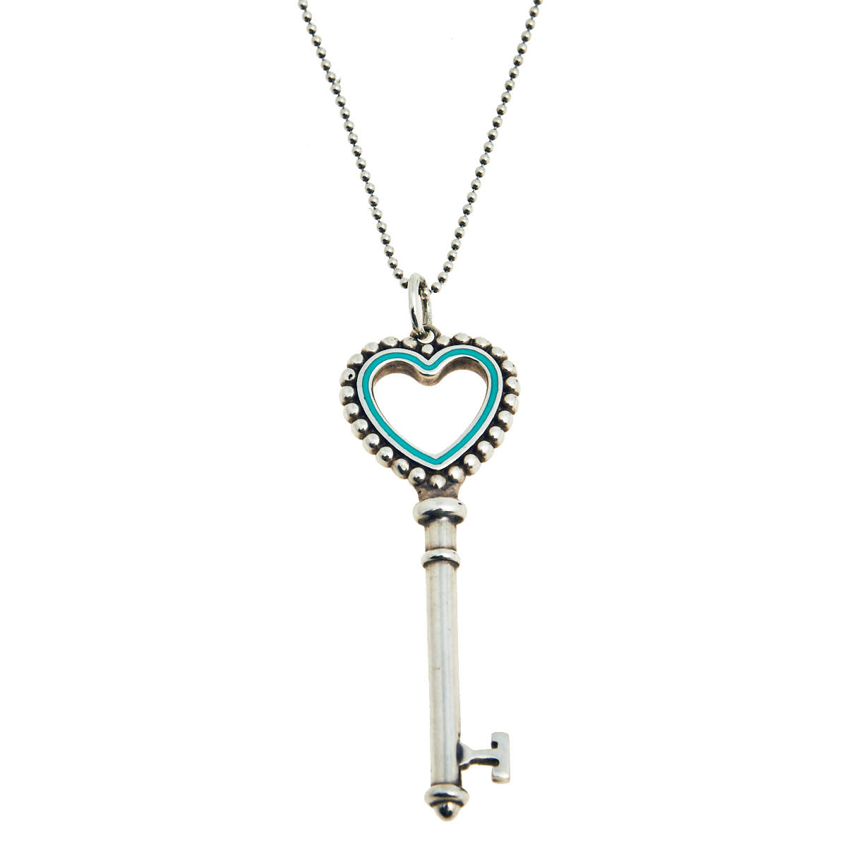 Pre Owned Tiffany & Co. Enamel Beaded Heart Key Silver Pendant Necklace