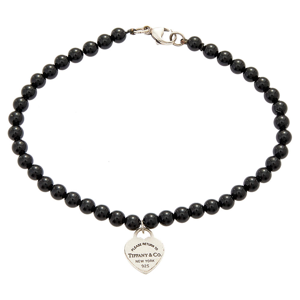 Pre Owned Tiffany & Co. Return To Tiffany Silver Heart Tag Onyx Bead Bracelet